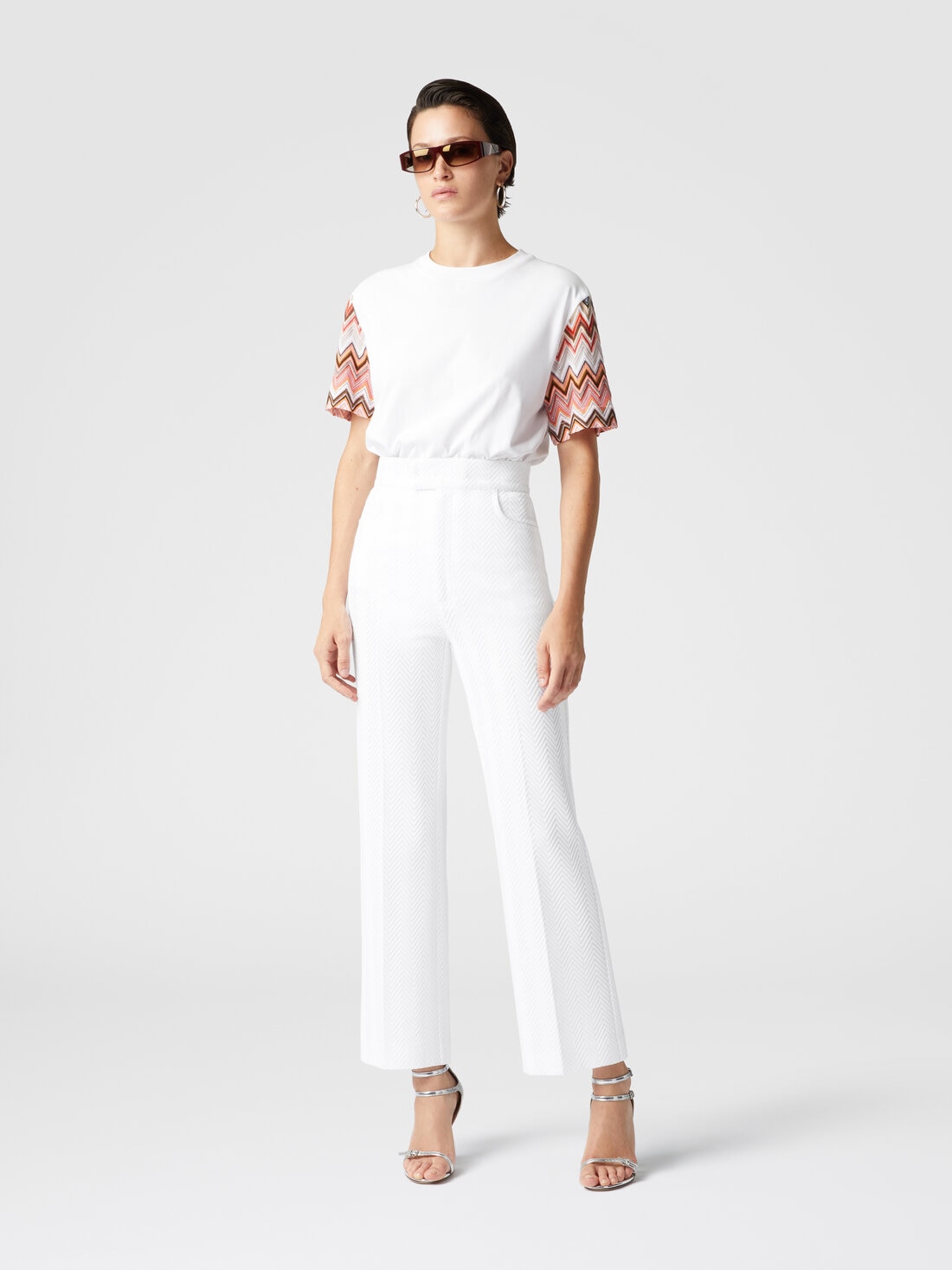 Classic trousers in cotton and zigzag viscose with cropped hem, White  - DS25SI01BR00JC10601 - 1