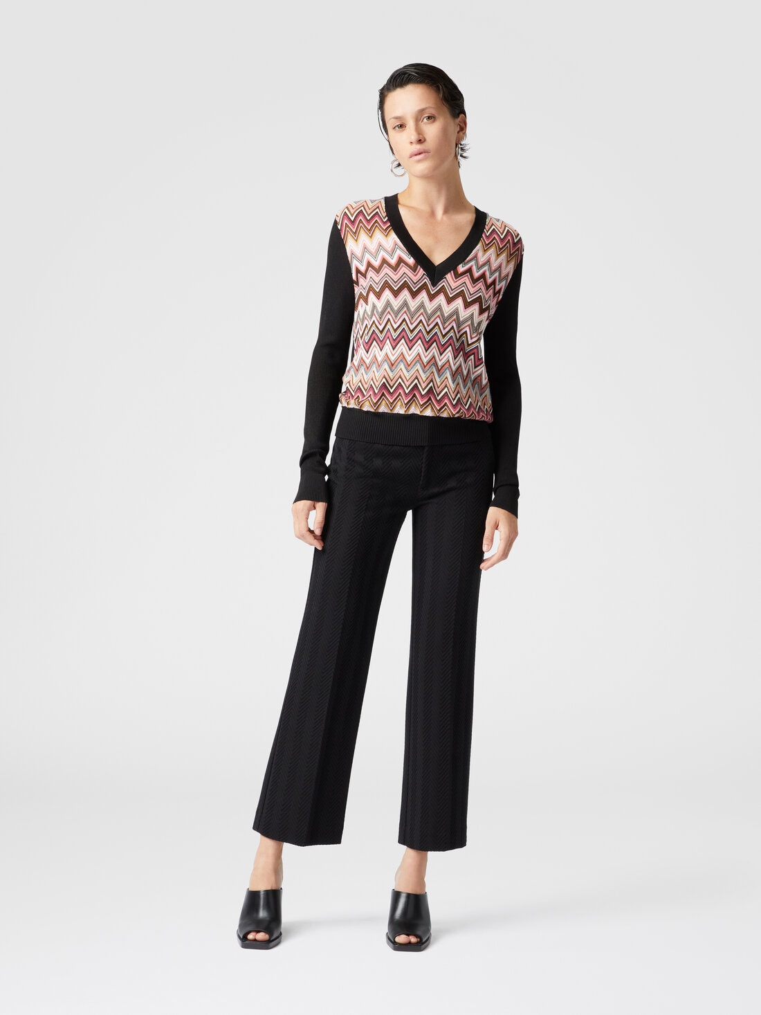 Classic trousers in cotton and zigzag viscose with cropped hem, Black - 8053147503967 - 1