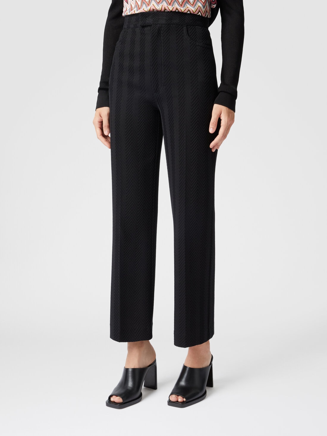 Classic trousers in cotton and zigzag viscose with cropped hem, Black - 8053147503967 - 3