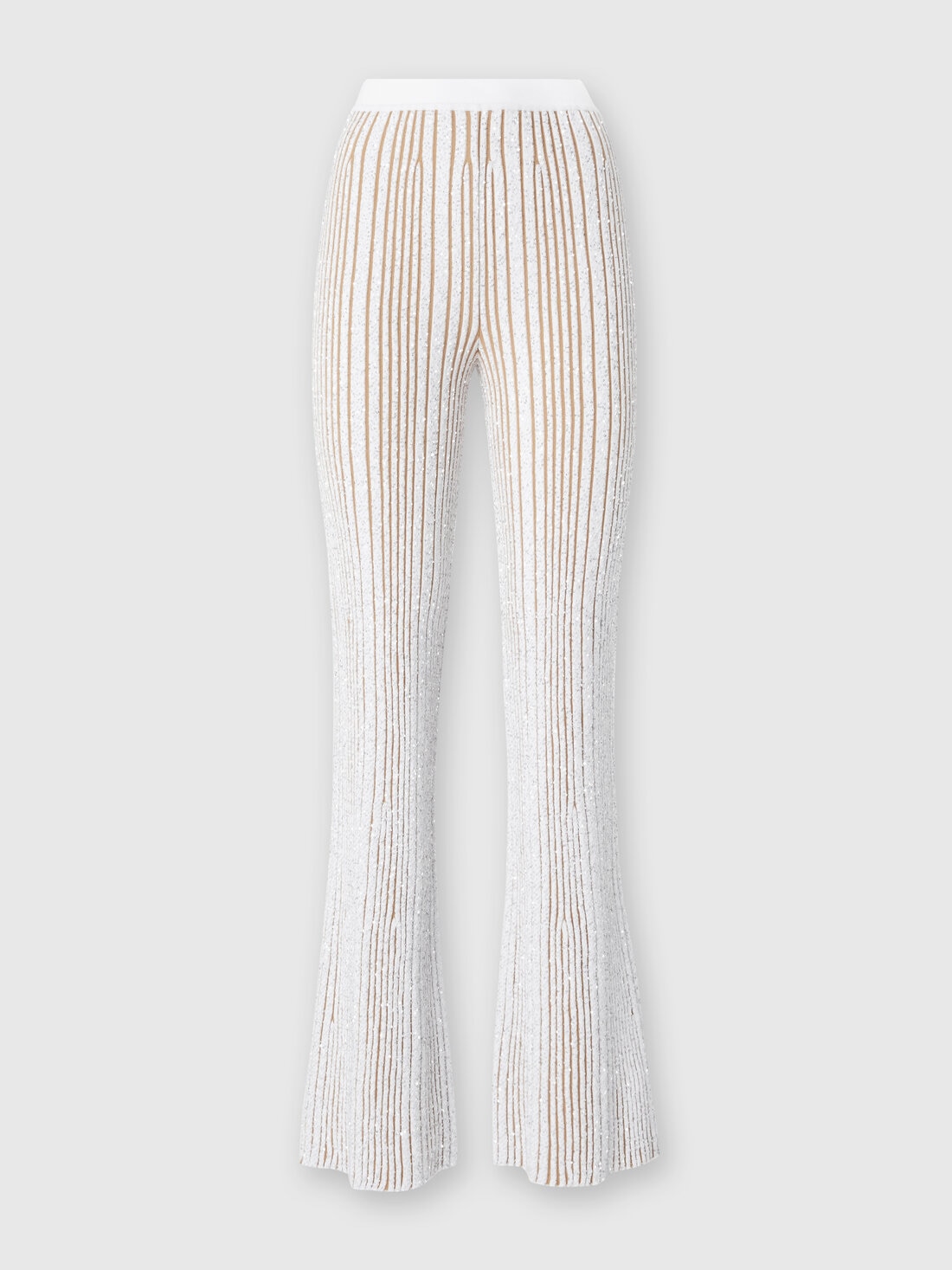 Ribbed stretch flared trousers with sequins, White & Beige - DS25SI0ABK042FS01GN - 0