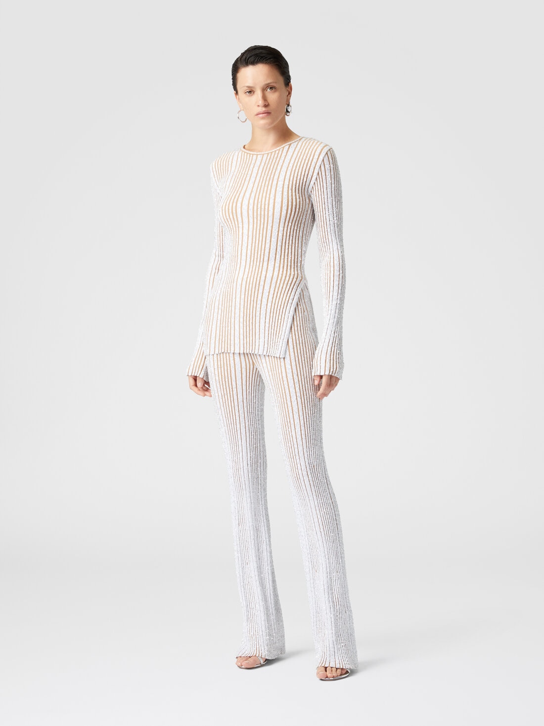 Ribbed stretch flared trousers with sequins, White & Beige - DS25SI0ABK042FS01GN - 1