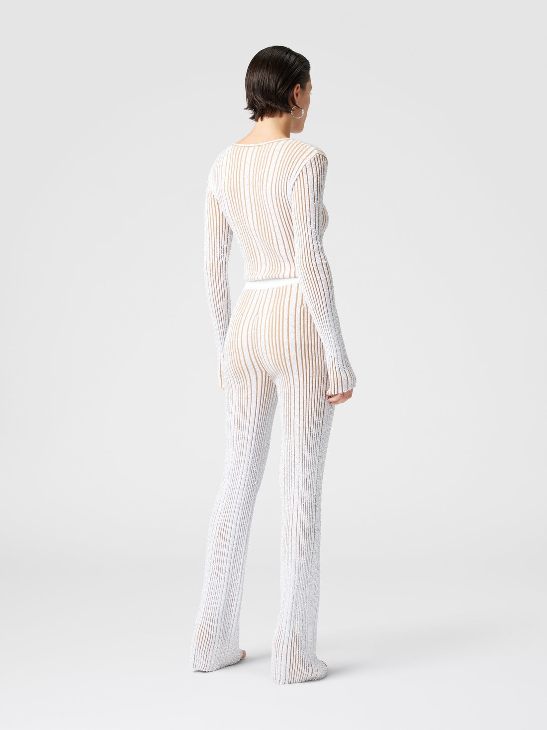 Ribbed stretch flared trousers with sequins, White & Beige - DS25SI0ABK042FS01GN - 2