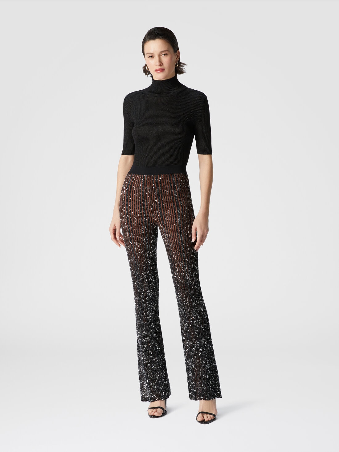 Ribbed stretch flared trousers with sequins, Black & Brown - 8053147504094 - 1