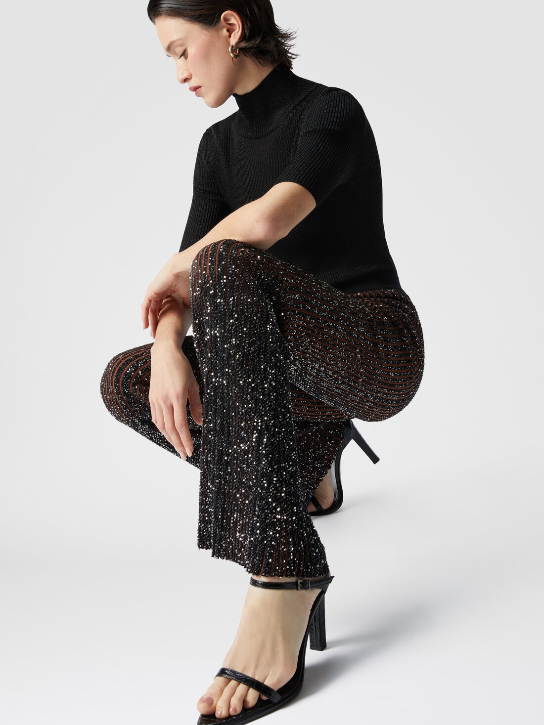 Ribbed stretch flared trousers with sequins, Black & Brown - 8053147504094 - 3