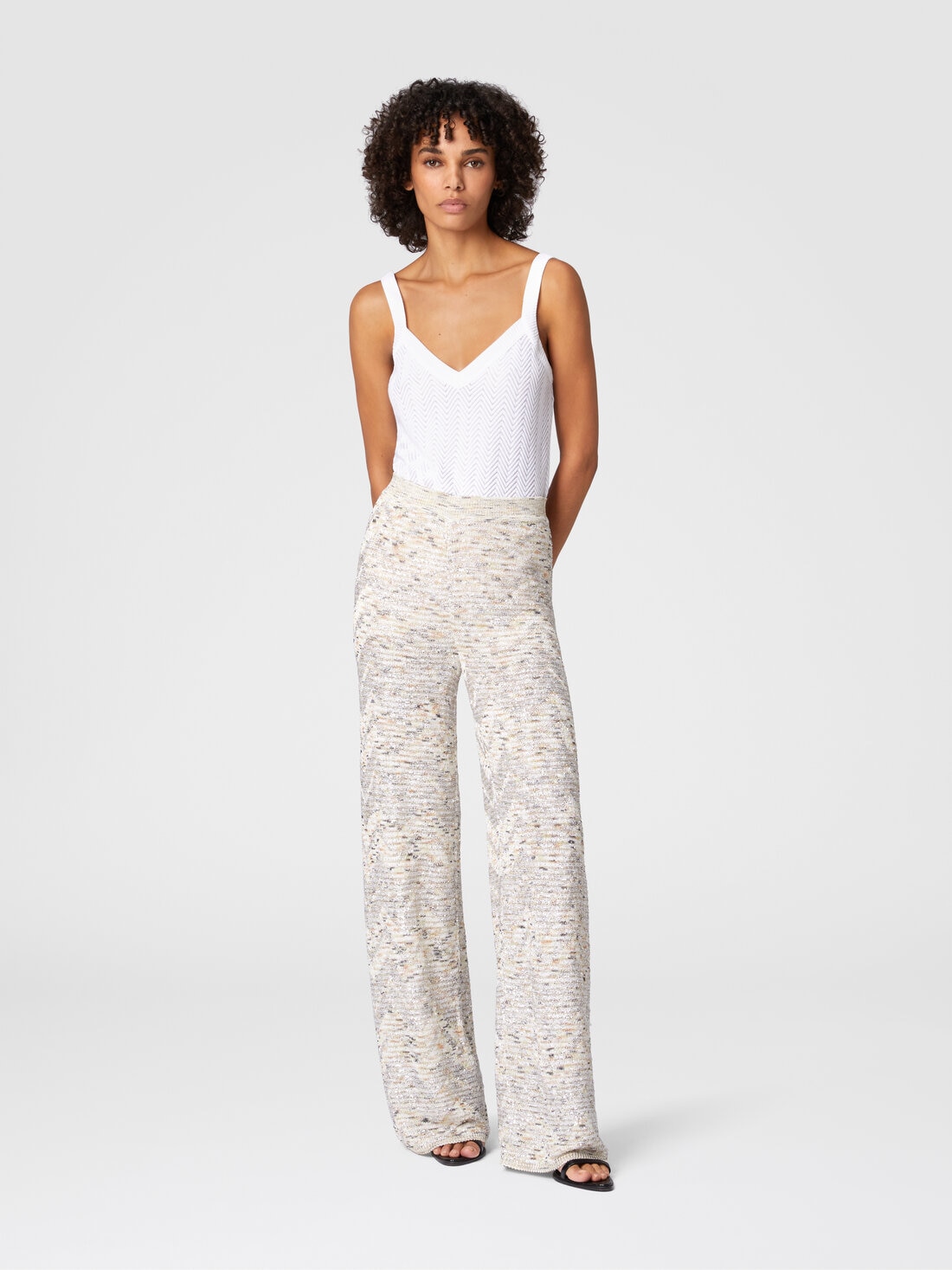Flare trousers in slub knit with sequins, White & Beige - DS25SI0GBK045BS01GI - 1