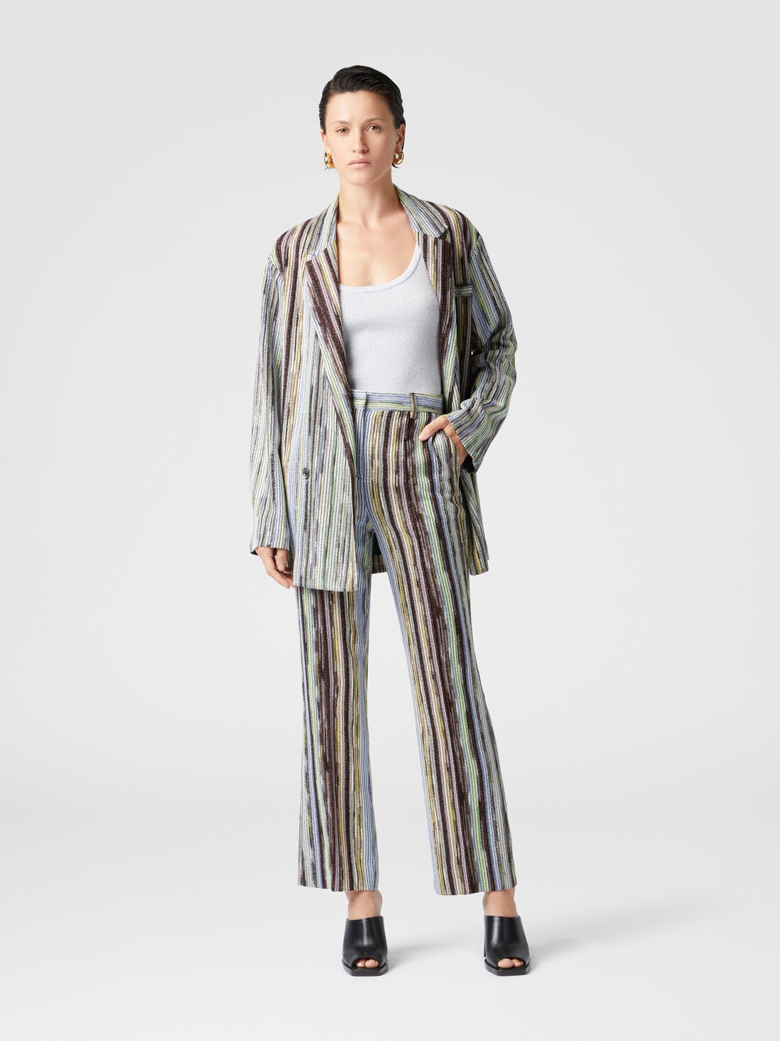 Classic trousers in striped lamé slub viscose with cropped hem, Multicoloured  - DS25SI0TBR002HSM9KS - 1