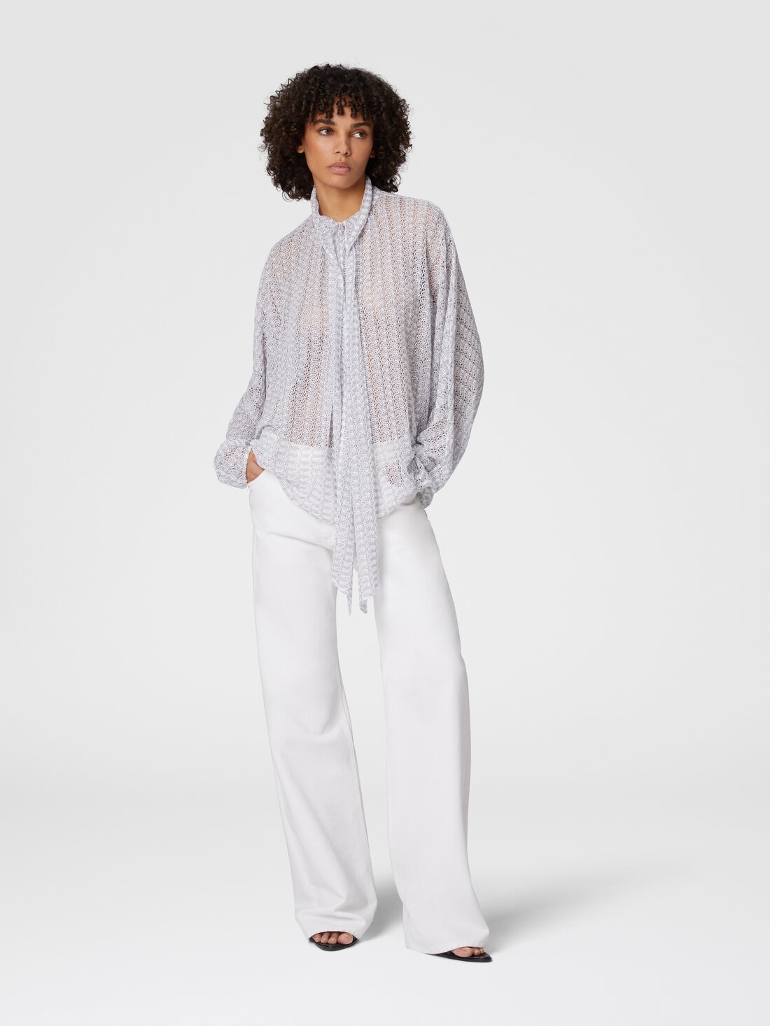 Blusa in pizzo di viscosa lamé con collo a fusciacca, Argento - DS25SJ08BR010RS01FC - 1