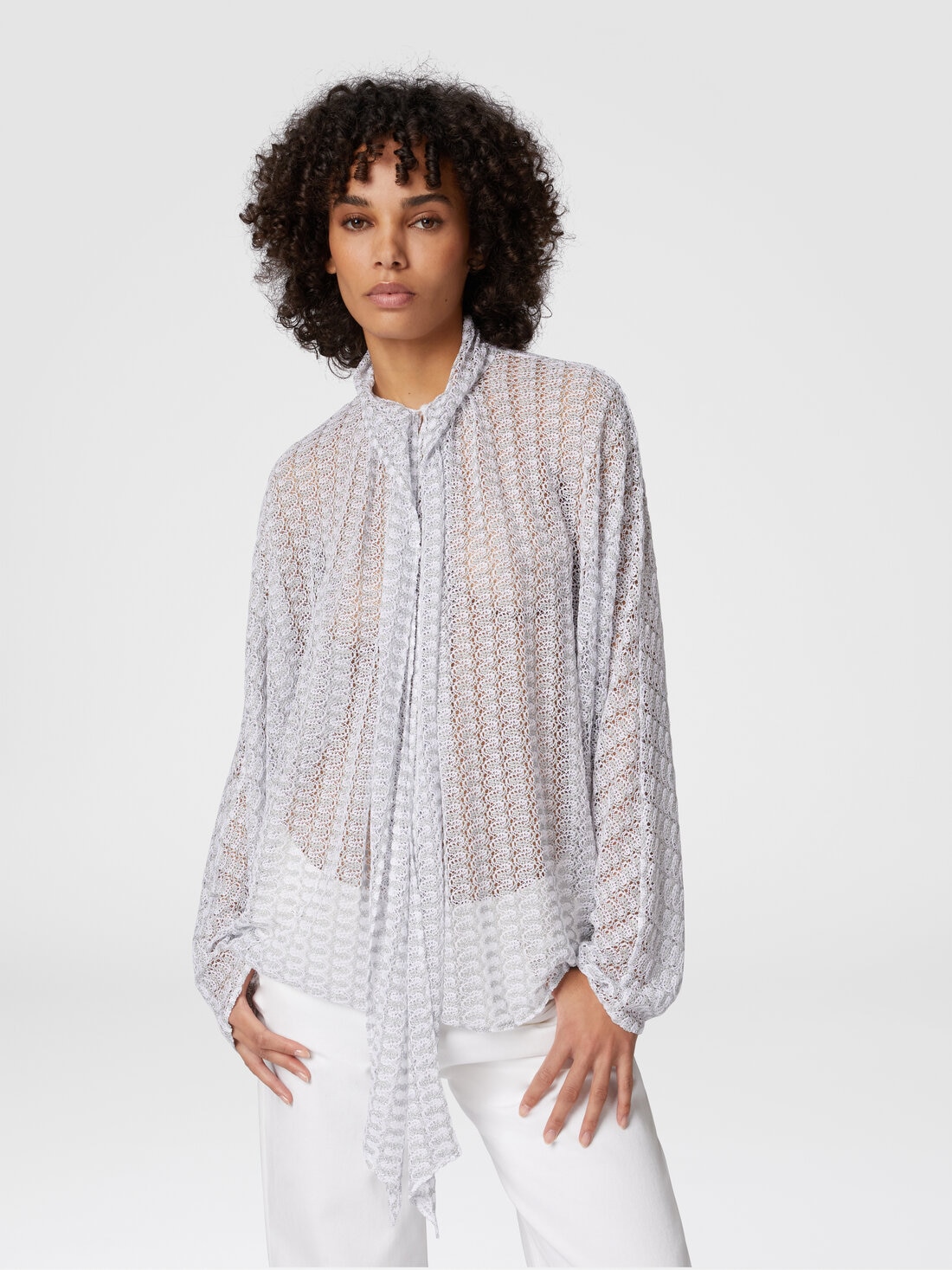 Blusa in pizzo di viscosa lamé con collo a fusciacca, Argento - DS25SJ08BR010RS01FC - 3