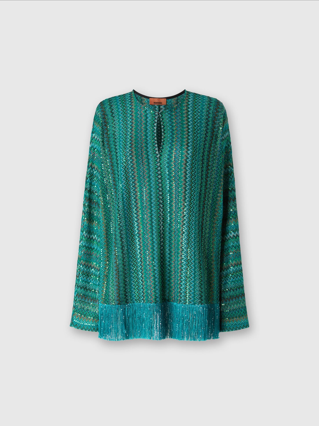 Zigzag long-sleeved blouse with sequins and fringes, Multicoloured  - DS25SJ0EBR010YS614K - 0