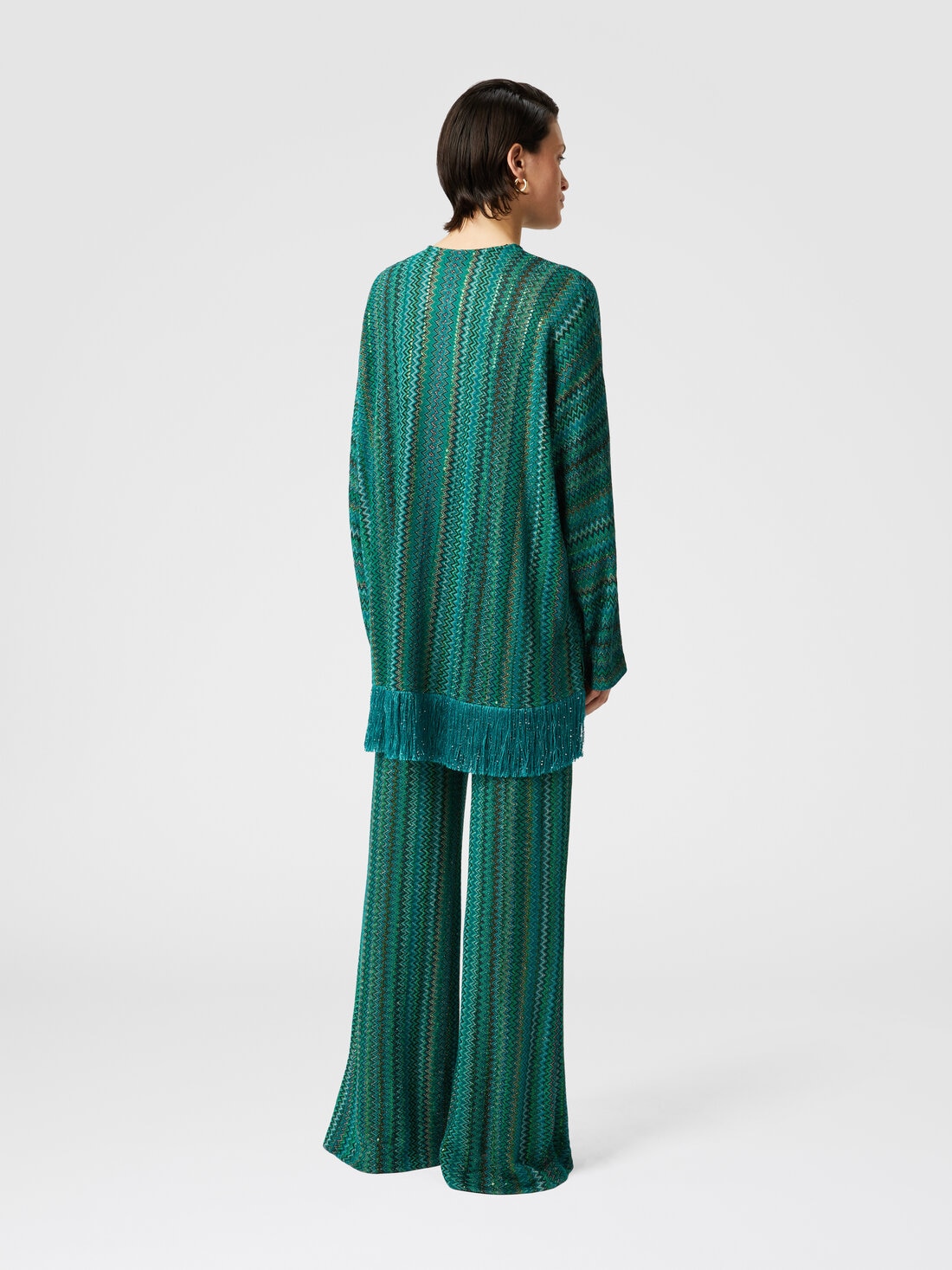 Zigzag long-sleeved blouse with sequins and fringes, Multicoloured  - DS25SJ0EBR010YS614K - 2