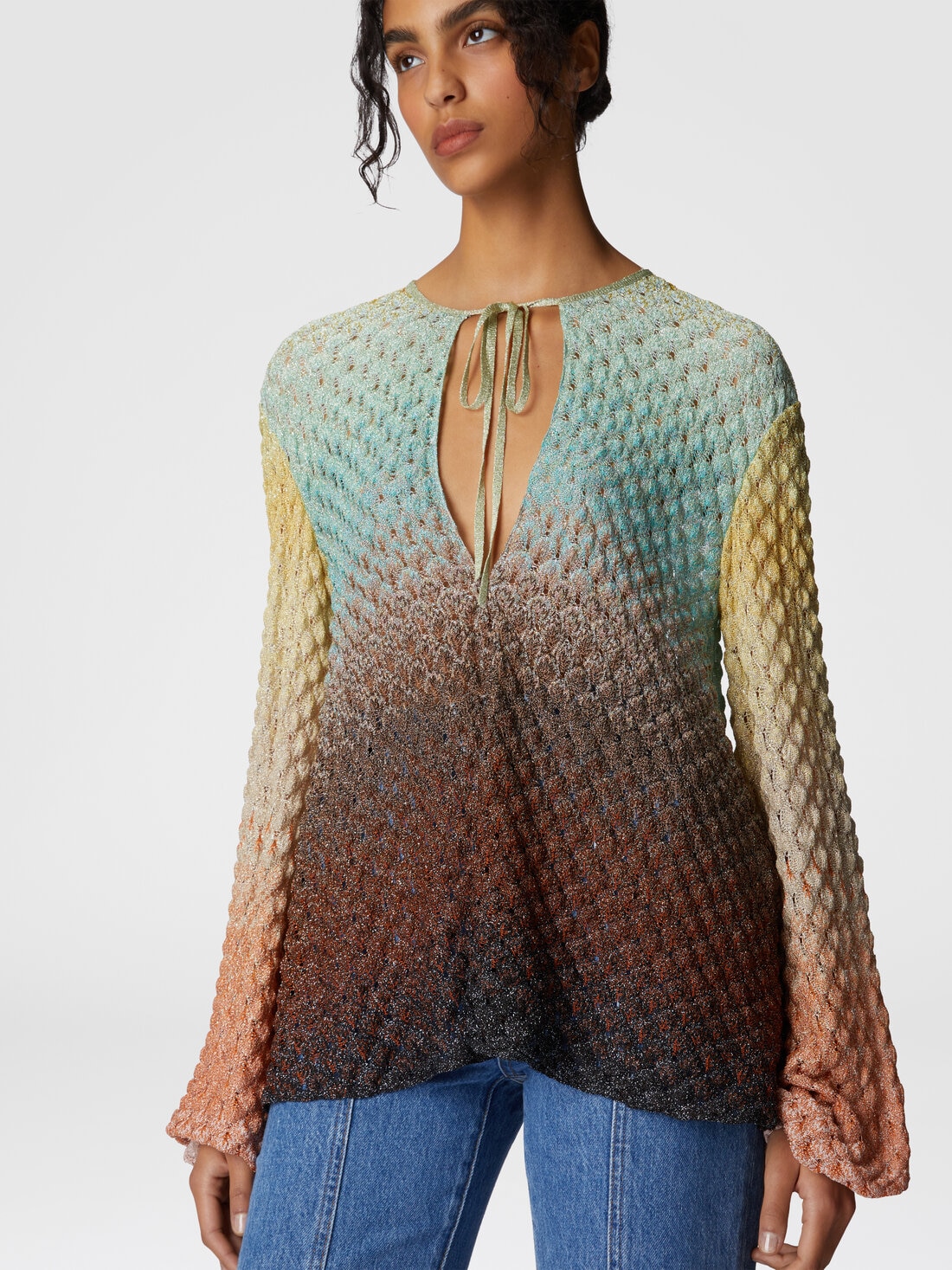 Dégradé lace blouse with V-neck, Multicoloured  - DS25SJ0RBR0134S6154 - 3