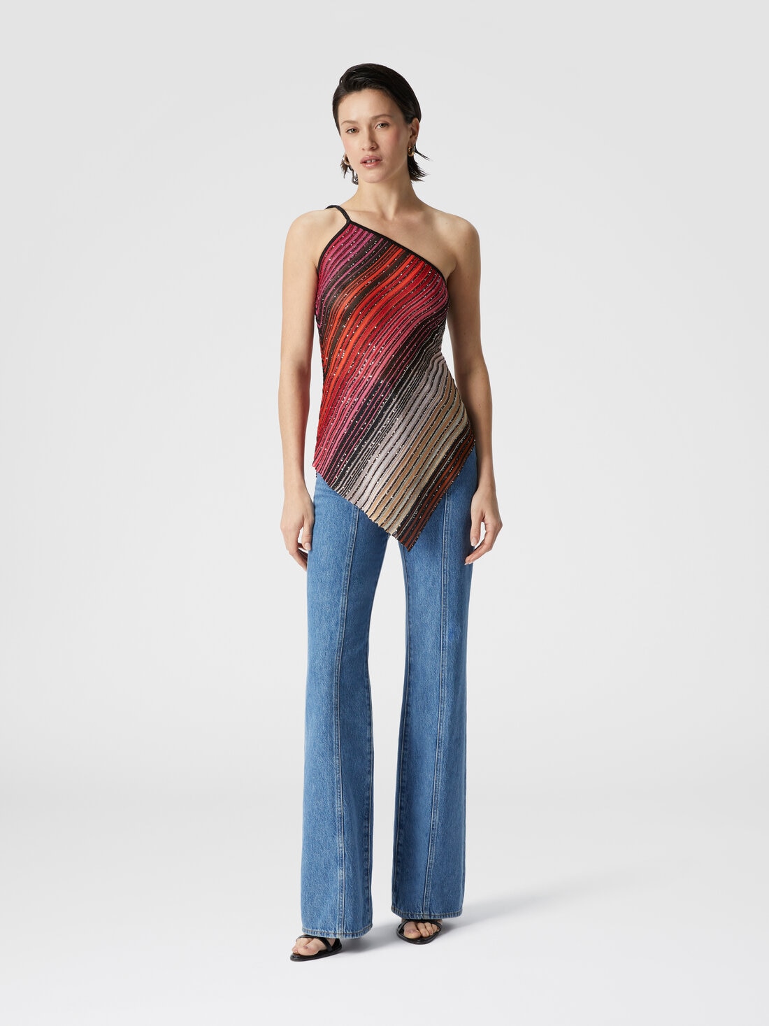 Asymmetrisches, einseitig gestreiftes One-Shoulder-Top mit Pailletten, Schwarz & Rot - DS25SK0ABK042DSM9NA - 1