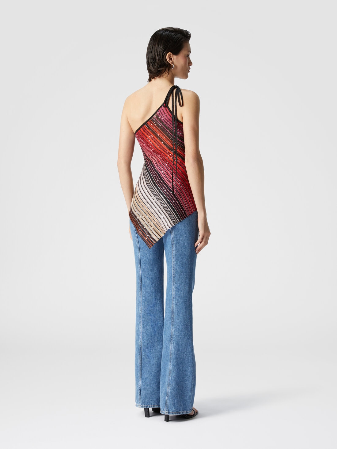 Asymmetrisches, einseitig gestreiftes One-Shoulder-Top mit Pailletten, Schwarz & Rot - DS25SK0ABK042DSM9NA - 2