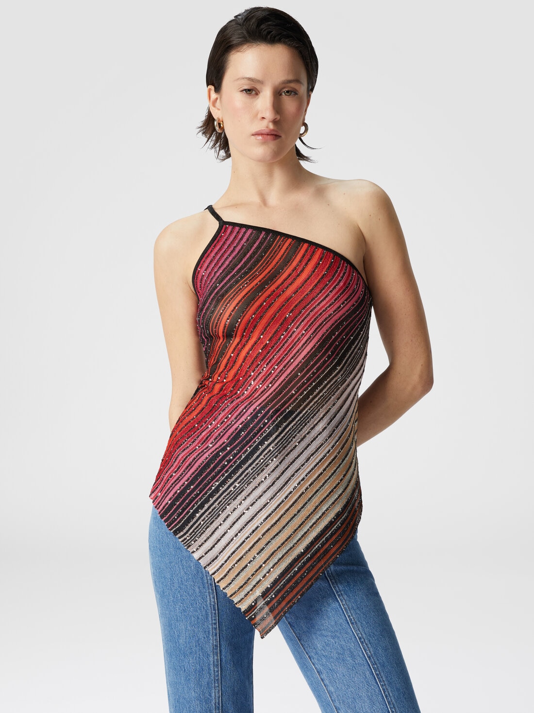 Asymmetrisches, einseitig gestreiftes One-Shoulder-Top mit Pailletten, Schwarz & Rot - DS25SK0ABK042DSM9NA - 3