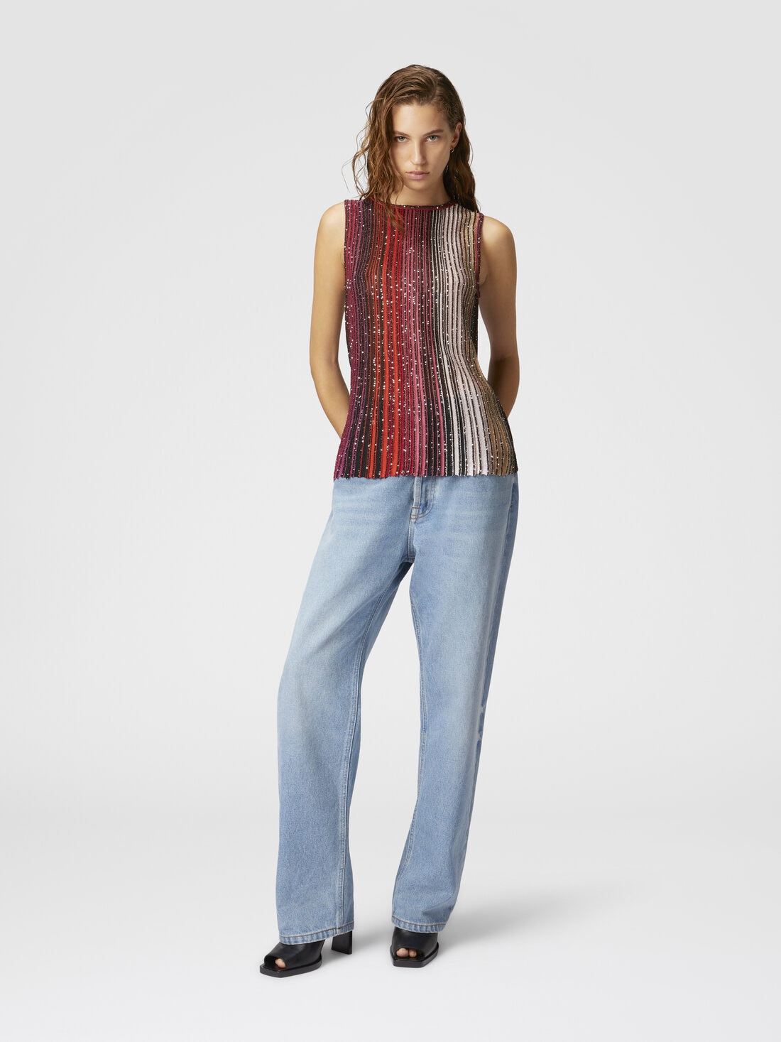 Partial striped sleeveless top with sequins, Black & Red - DS25SK0UBK042DSM9NA - 1