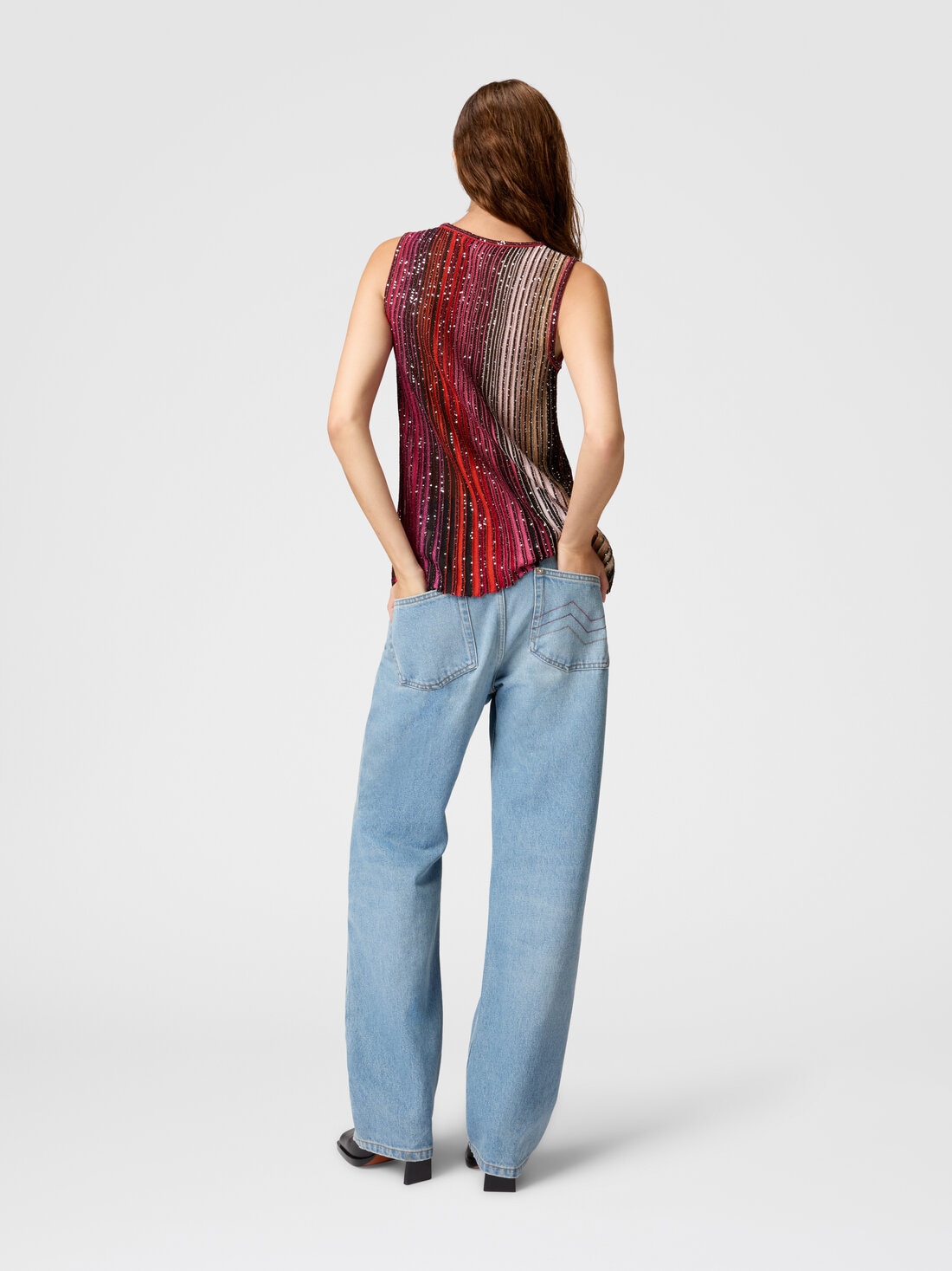 Partial striped sleeveless top with sequins, Black & Red - DS25SK0UBK042DSM9NA - 2