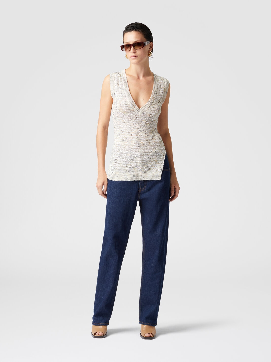 Sleeveless top in slub knit with sequins and V-neck, White & Beige - DS25SK0VBK045BS01GI - 1