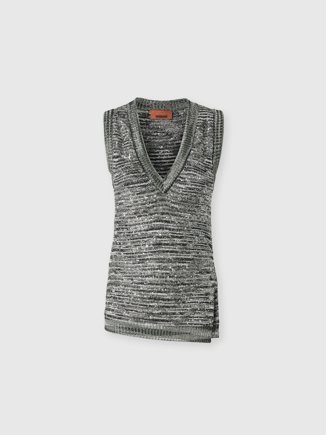 Sleeveless top in slub knit with sequins and V-neck, Green  & Black - DS25SK0VBK045BS614L - 0