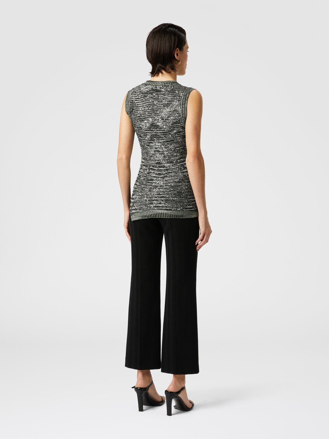 Sleeveless top in slub knit with sequins and V-neck, Green  & Black - DS25SK0VBK045BS614L - 2