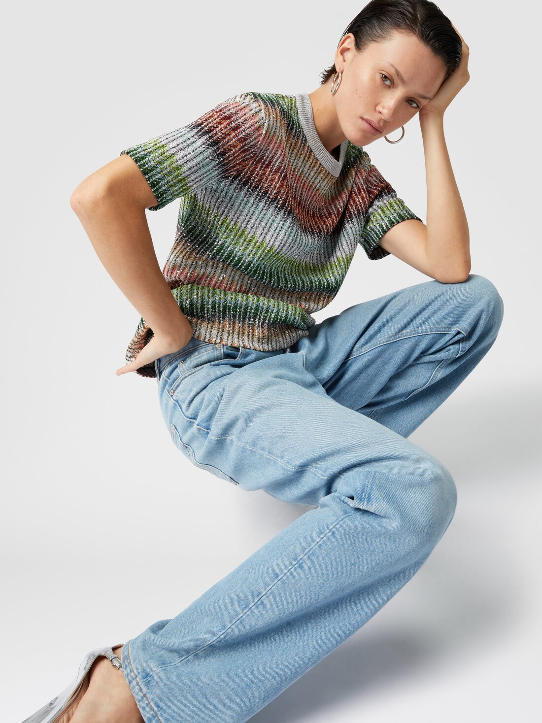 Crewneck T-shirt in gradient zigzag knit with sequins, Multicoloured  - DS25SL04BC0051SM9KP - 4