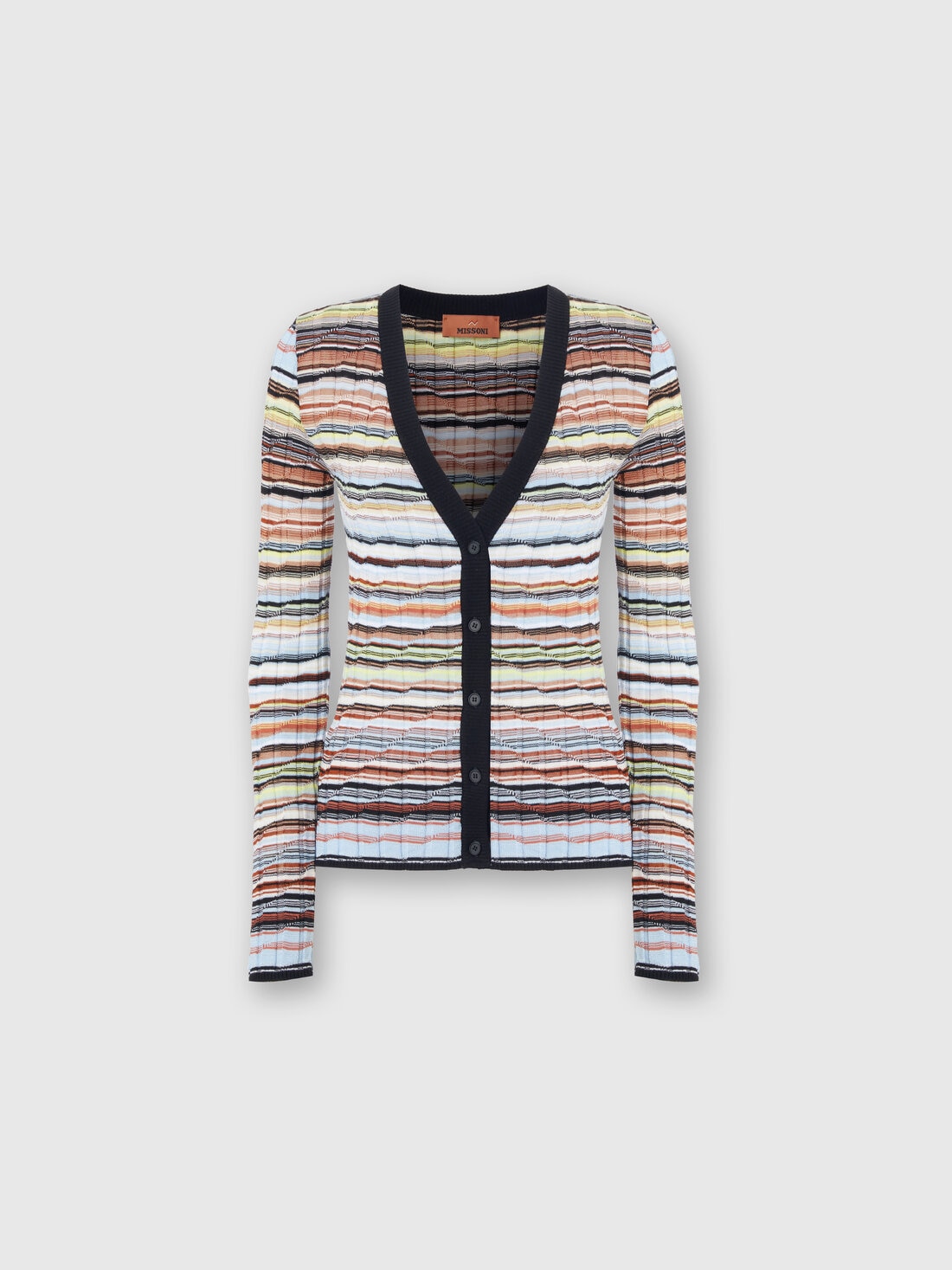 Cardigan a costine in cotone e viscosa a righe con profili a contrasto, Blu - 8053147514062 - 0