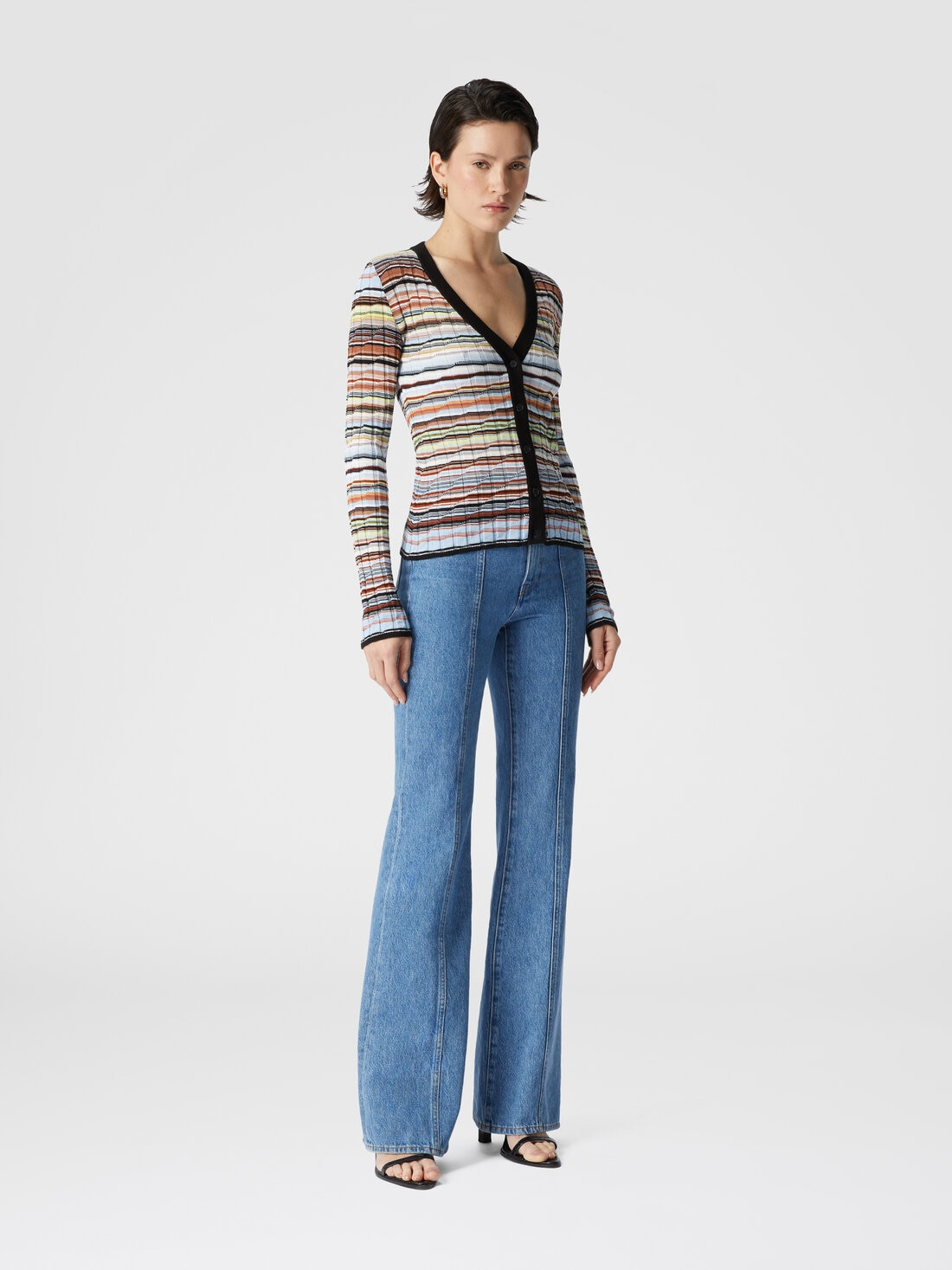 Cardigan a costine in cotone e viscosa a righe con profili a contrasto, Blu - 8053147514062 - 1