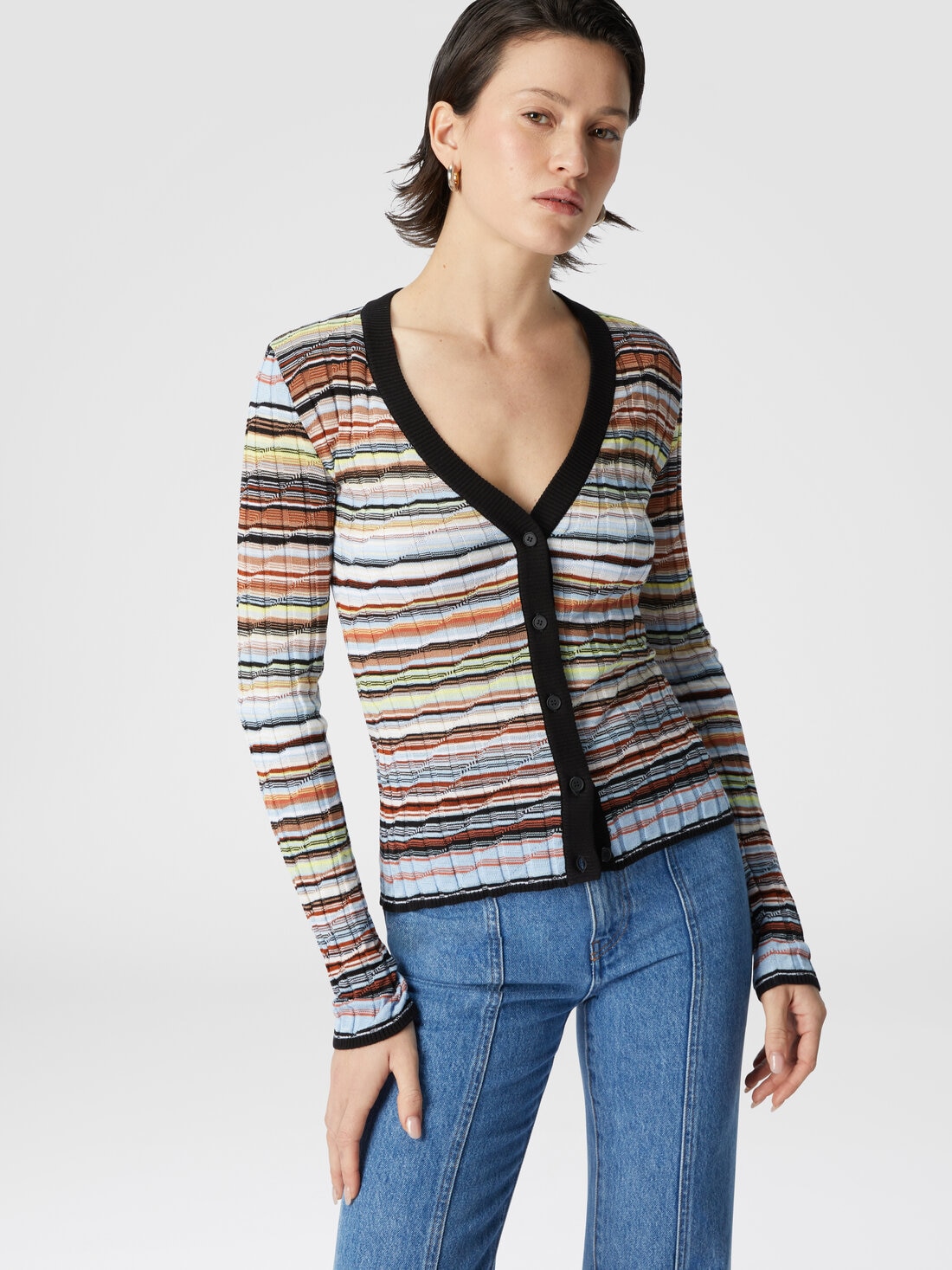 Cardigan a costine in cotone e viscosa a righe con profili a contrasto, Blu - 8053147514062 - 3