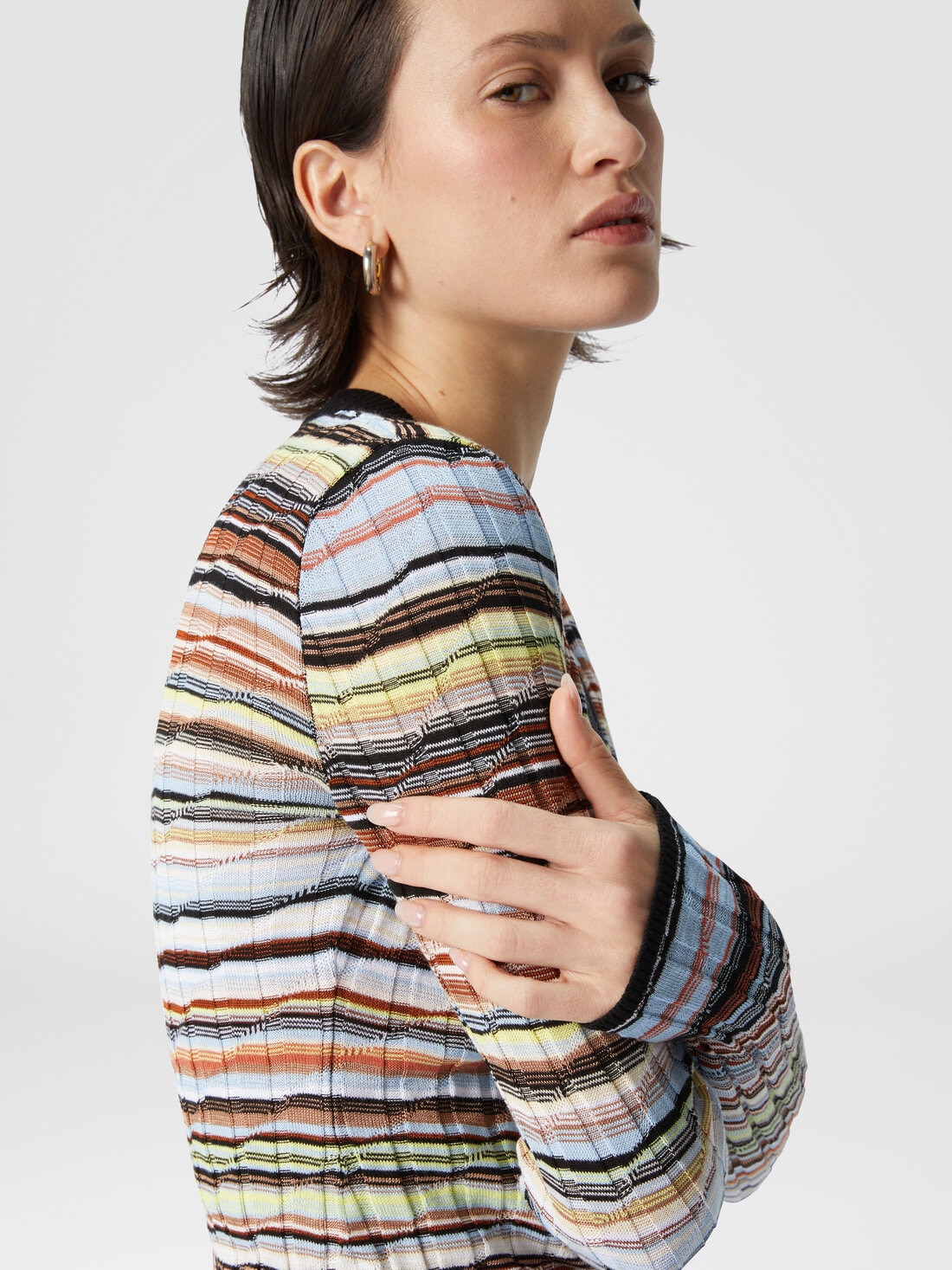Cardigan a costine in cotone e viscosa a righe con profili a contrasto, Blu - 8053147514062 - 4