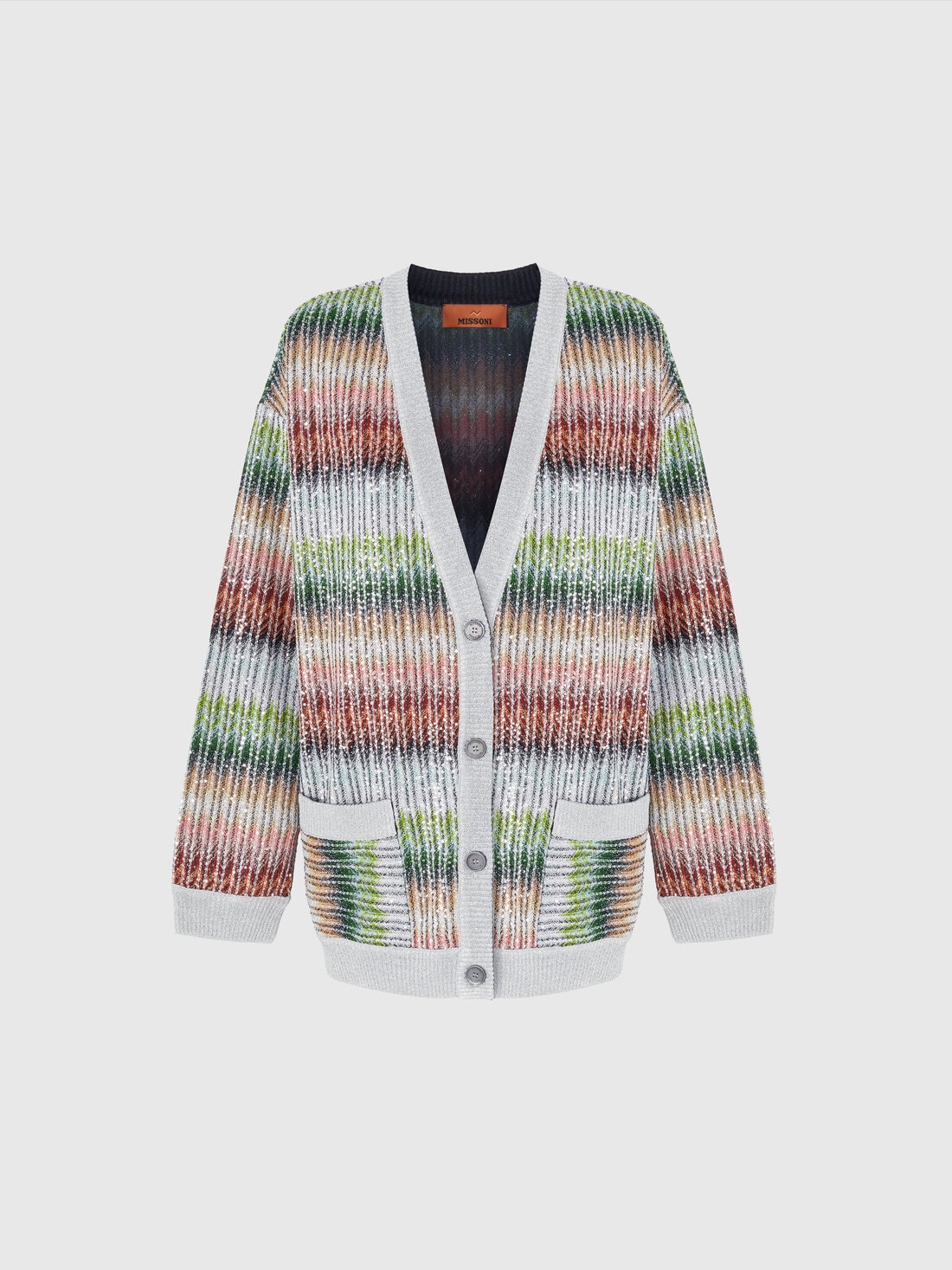 Oversized cardigan in gradient zigzag knit with sequins and front pockets, Multicoloured  - DS25SM0IBC0051SM9KP - 0