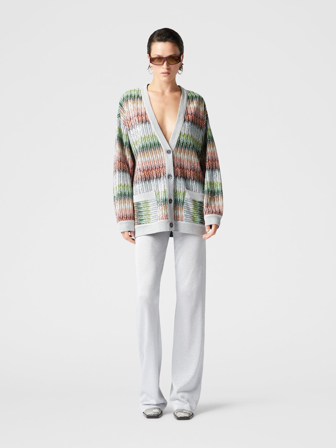 Oversized cardigan in gradient zigzag knit with sequins and front pockets, Multicoloured  - DS25SM0IBC0051SM9KP - 1