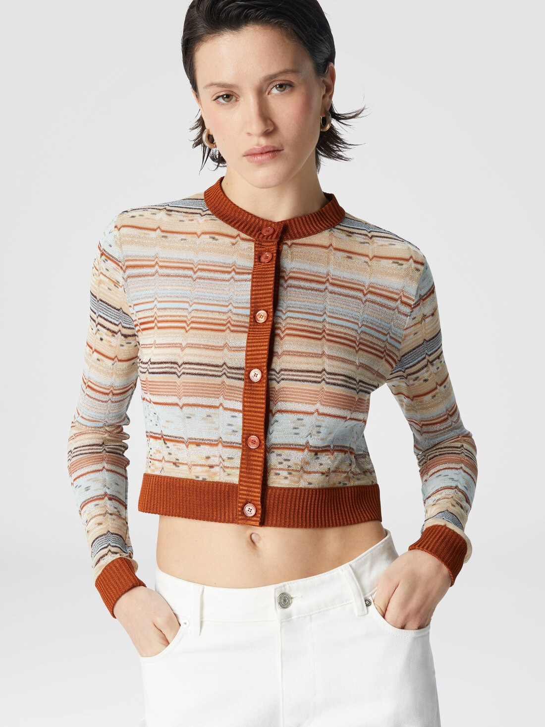 Cárdigan corto de cuello redondo con lamé griego en zig zag, Multicolor  - DS25SM0JBR010QS6143 - 4