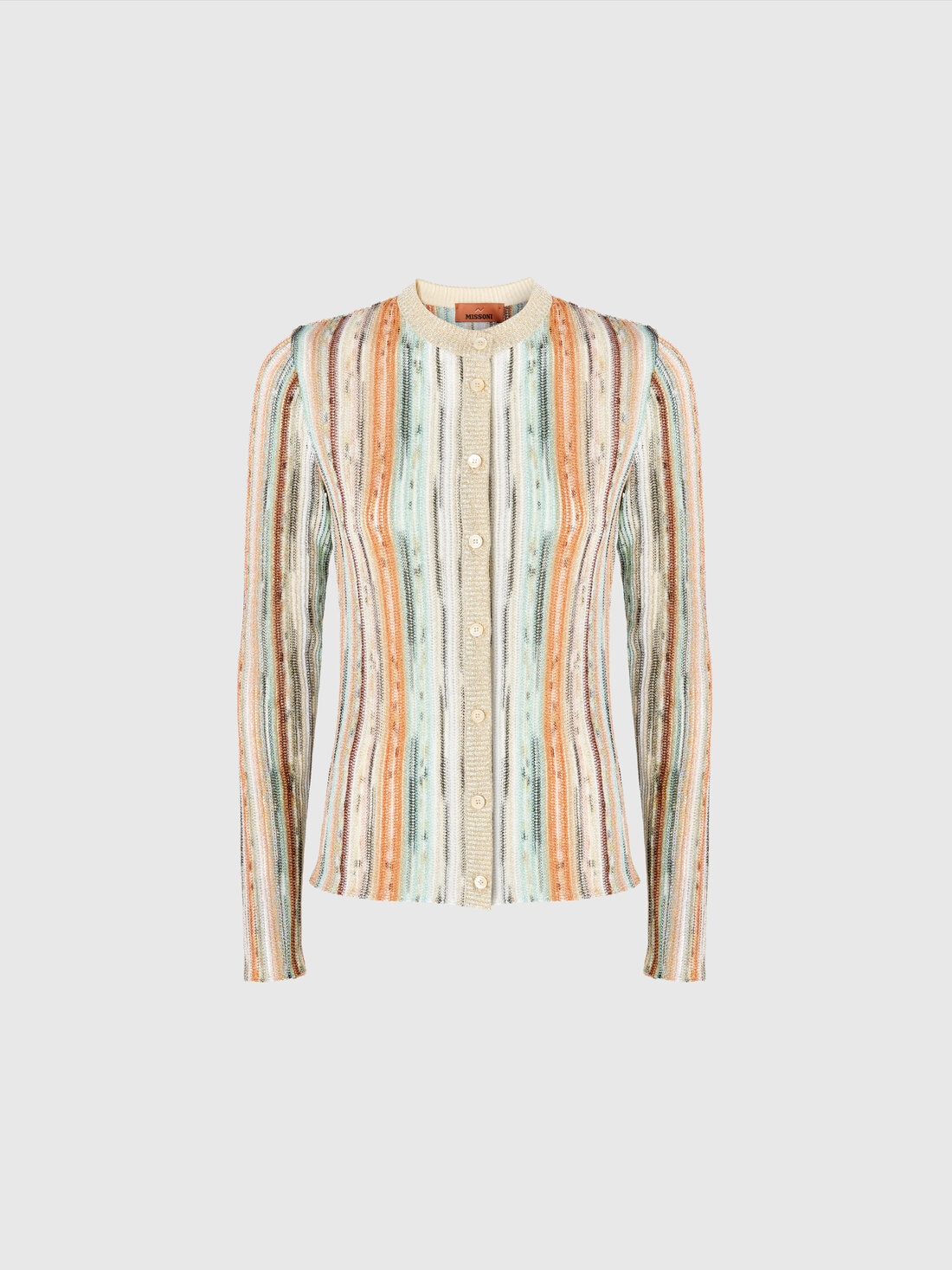 Striped lamé slub viscose crewneck cardigan, Multicoloured  - DS25SM0MBR002HSM9KR - 0