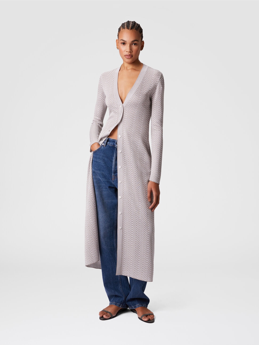Long cardigan with wave pattern, White & Beige - DS25SM1GBK01BGS01IZ - 1