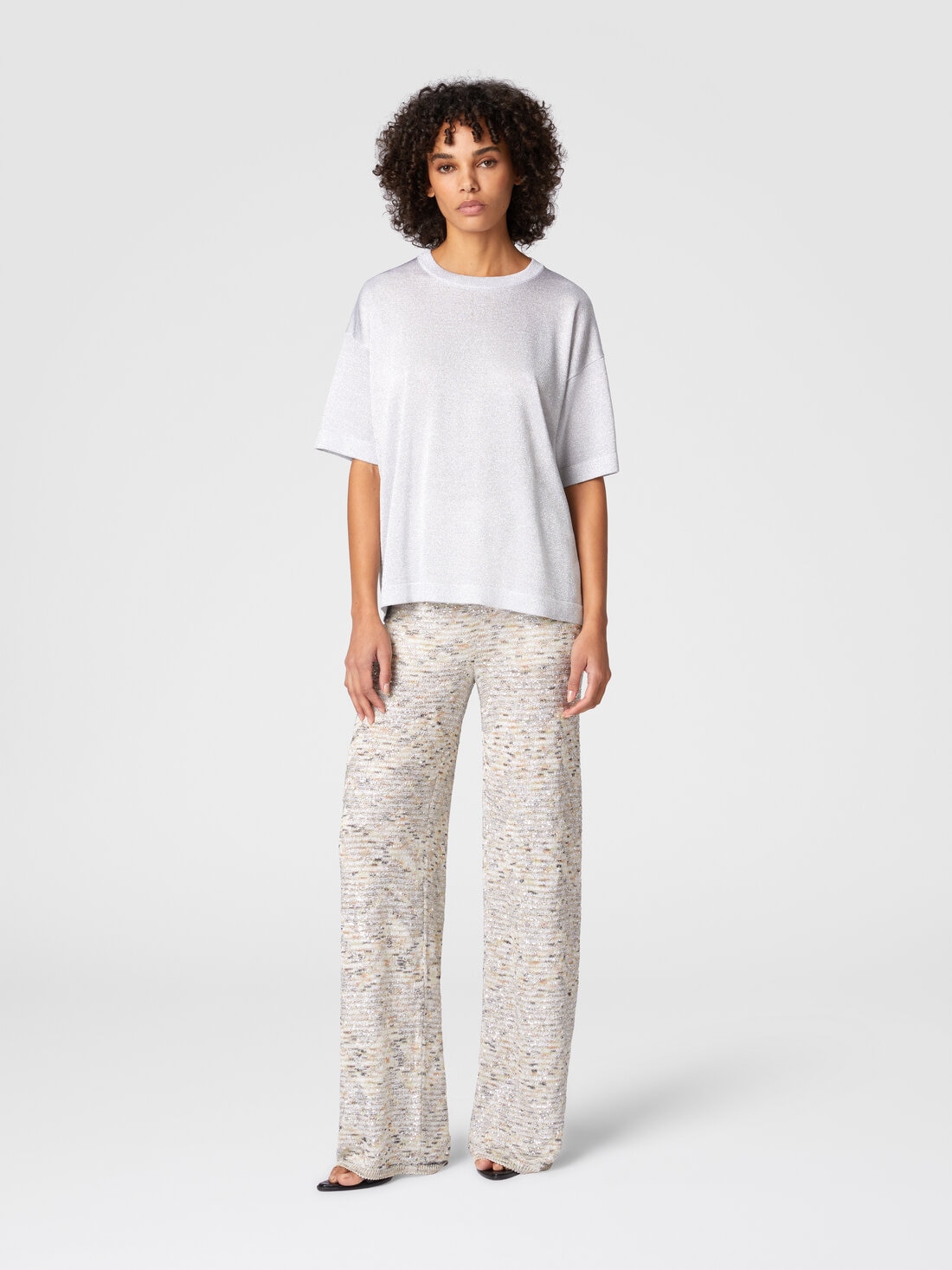 Maglia girocollo oversize in viscosa lamé con maniche cote, Argento - DS25SN0HBK045AS01GC - 1