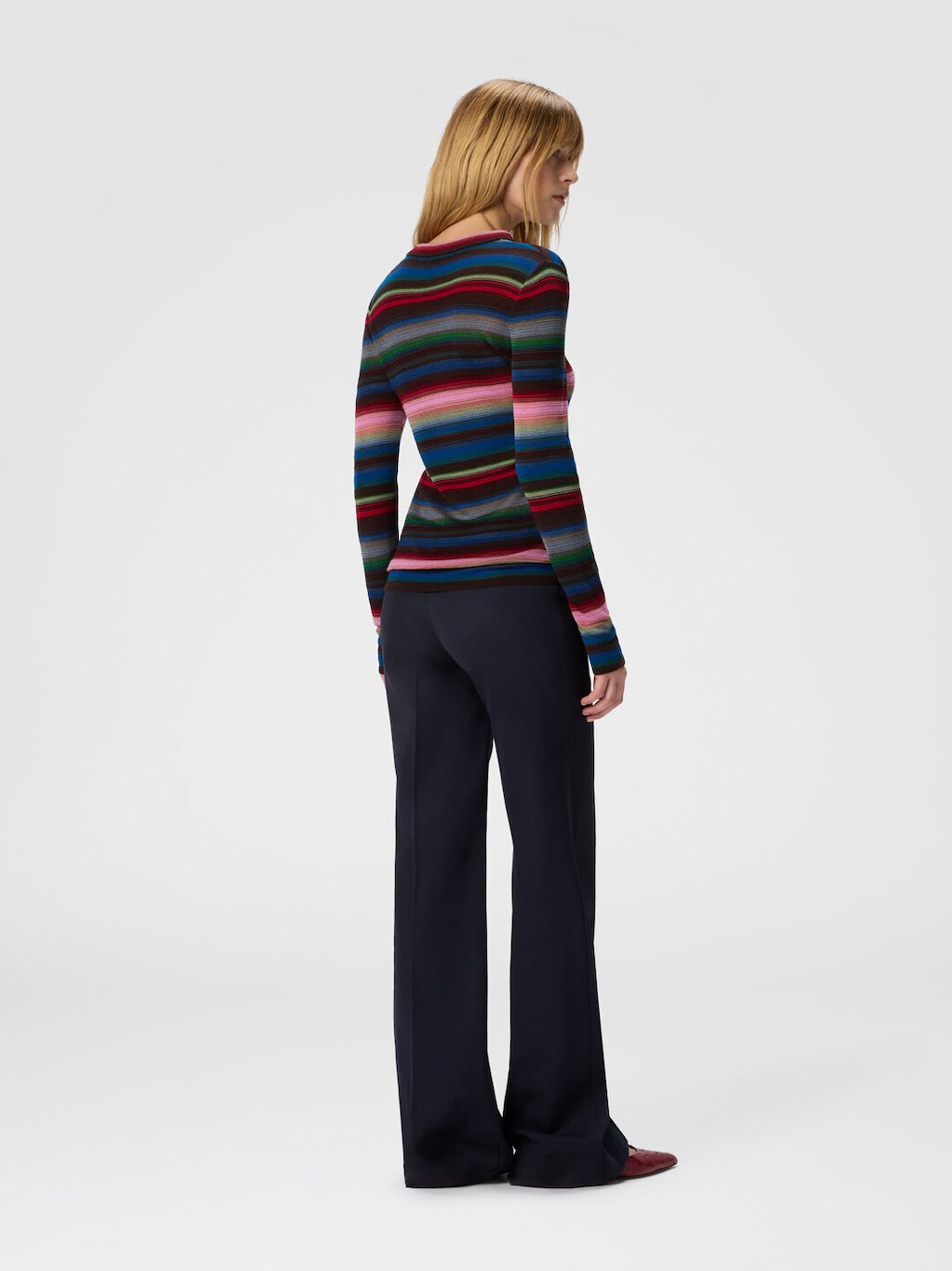 Maglia Uomo Girocollo A Righe Multicolor - Maniche Lunghe A Costine Con Logo Ricamato