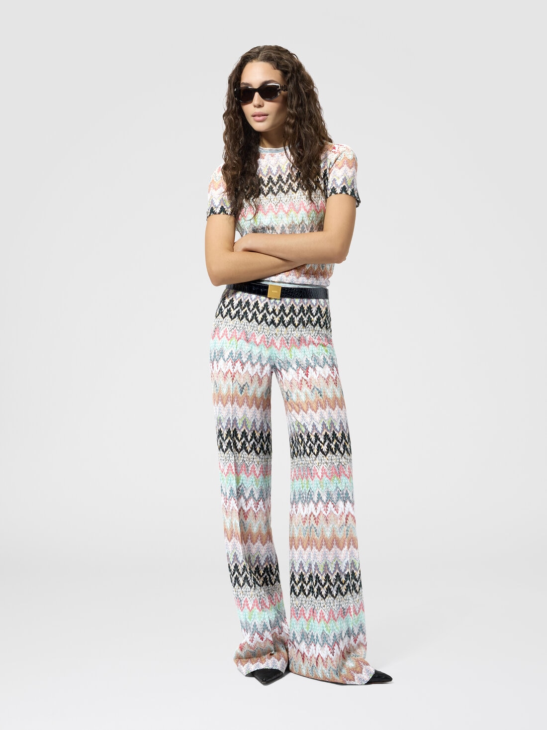 Wide Viscose and Cotton Lamé Trousers with Lace Motif