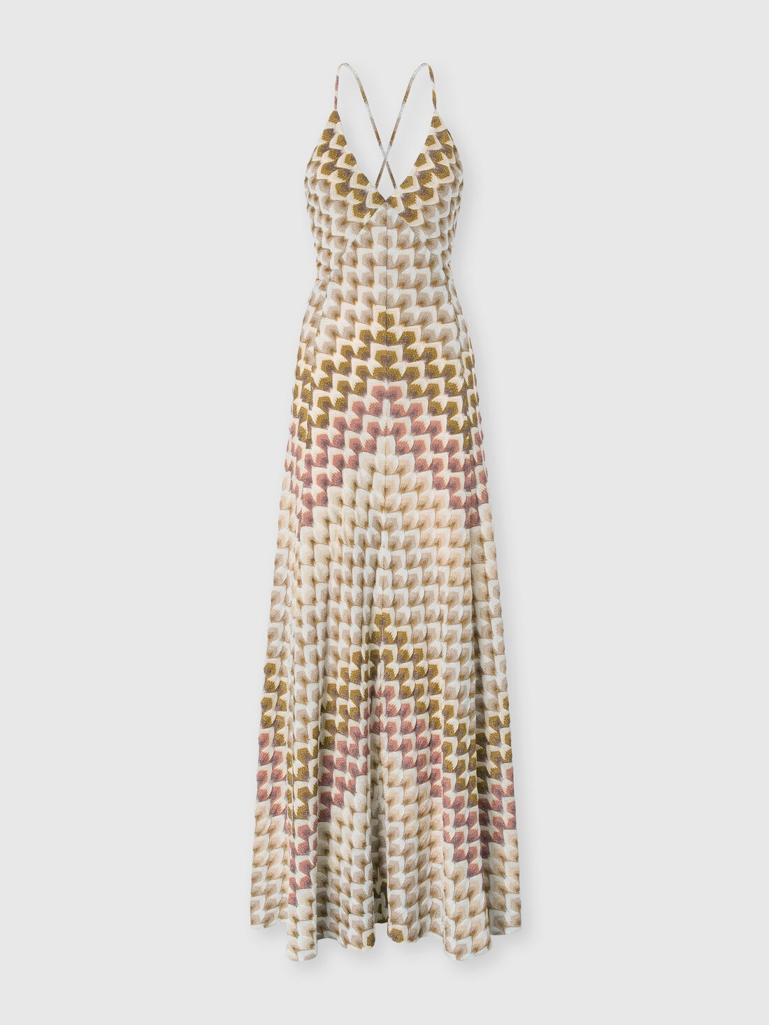Long viscose lamé dress with crossed straps Gold& Beige