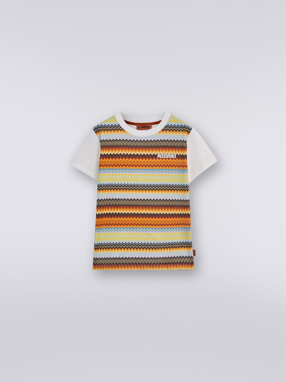 Cotton short-sleeved crew-neck T-shirt with zigzag pattern and plain back., Multicoloured  - 8051575935909 - 0