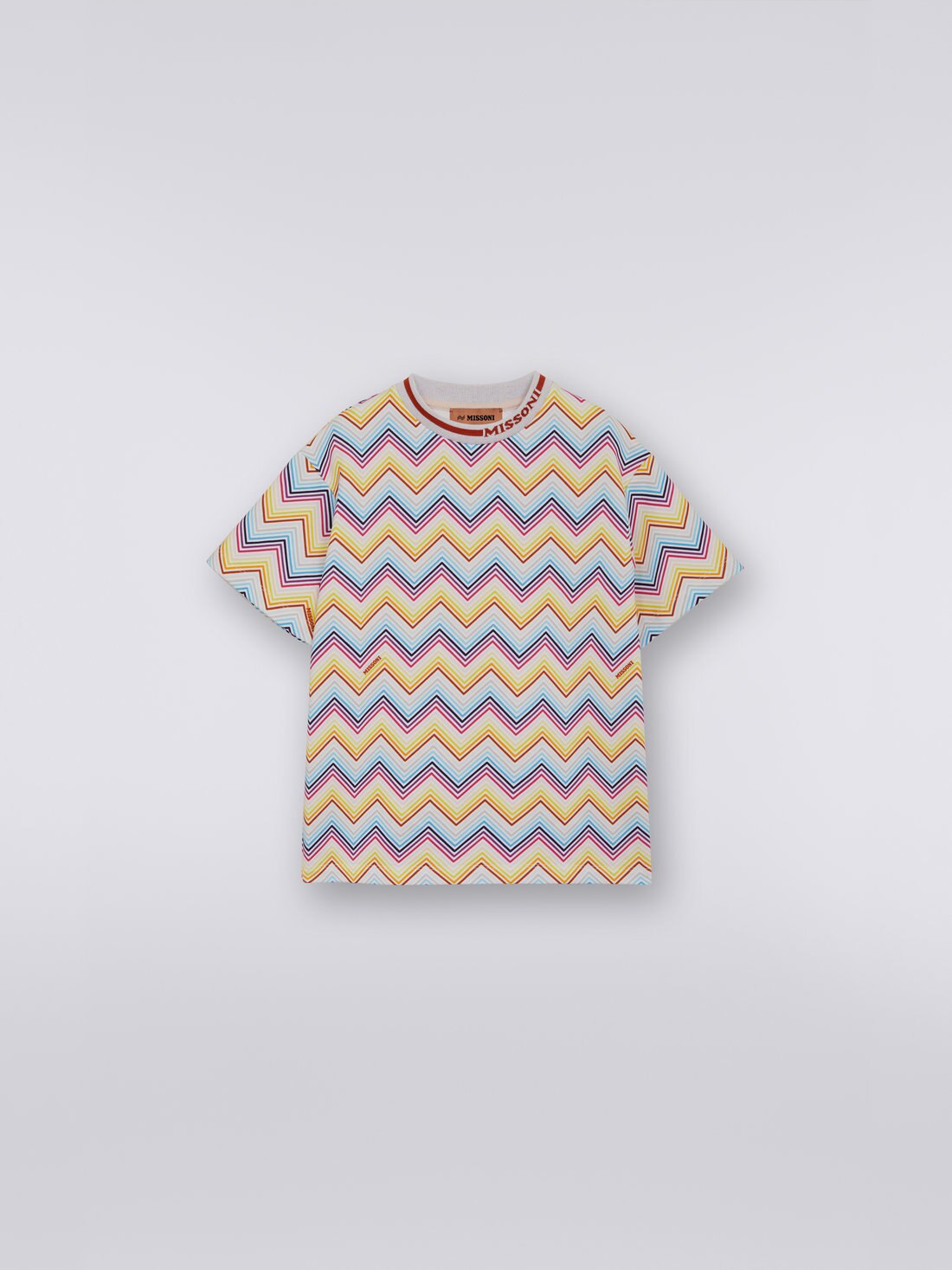 Felpa girocollo a maniche corte in cotone a zig zag con colletto a contrasto, Multicolore - 8051575937613 - 0