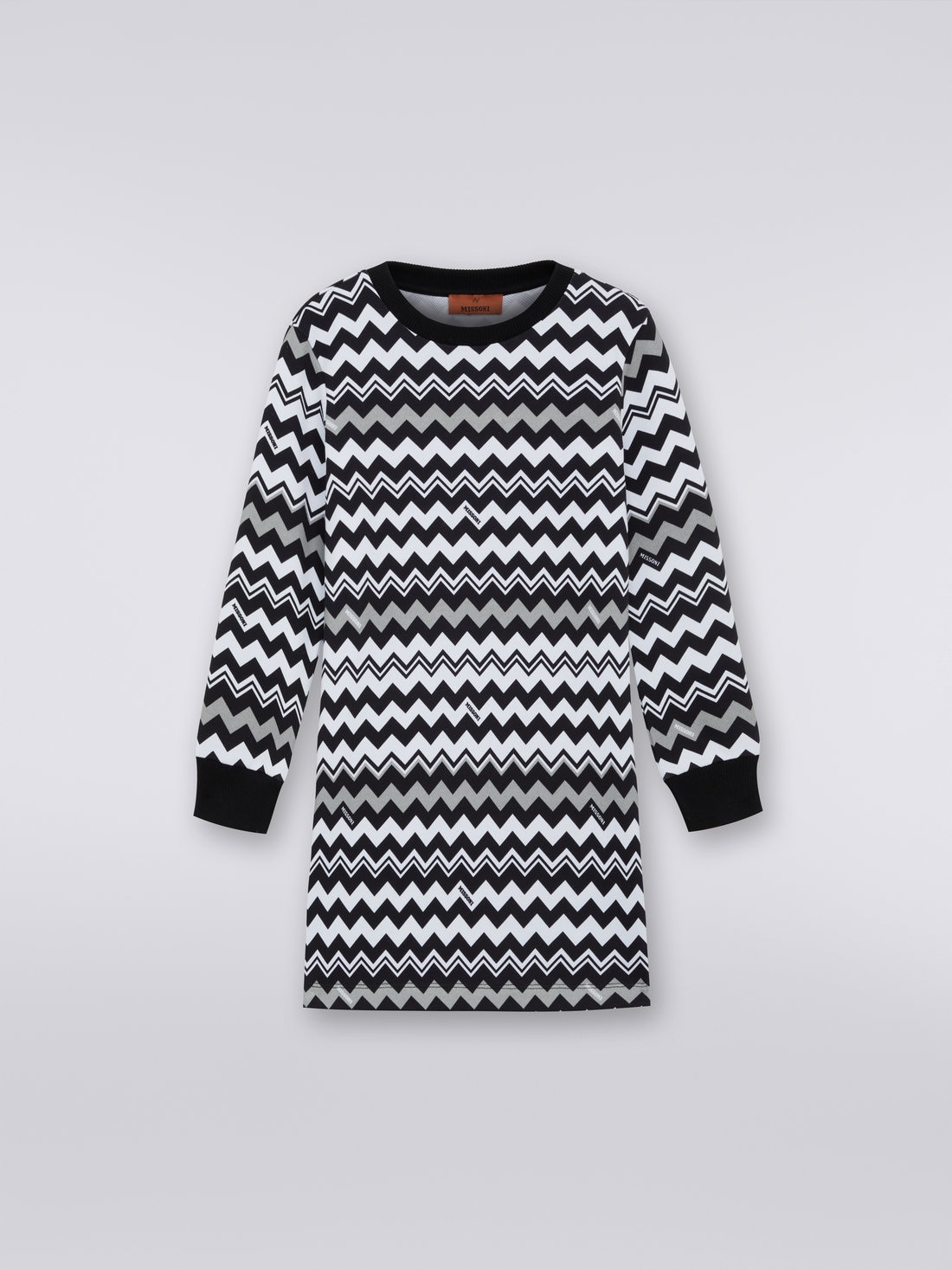 Long-sleeved cotton dress with zigzag, Black & White - 8053147031262 - 0