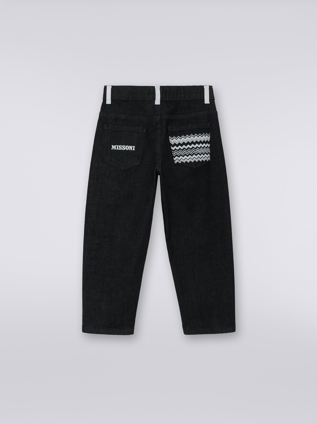 Five-pocket denim trousers with zigzag insert and logo, Black & White - KS23WI0NBV00E3SM92O - 1