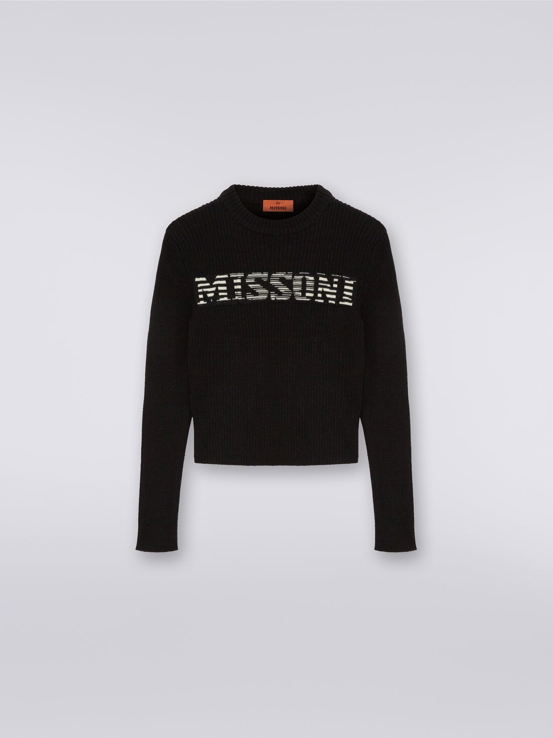 Pull à col rond en mailles de laine avec logo flammé, Noir & Blanc - 8053147035888 - 0