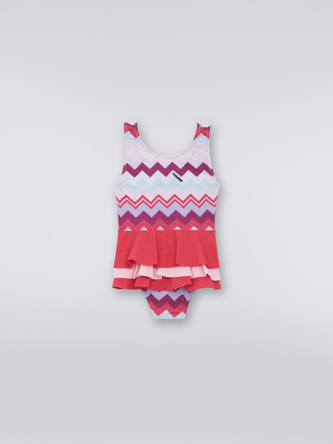One-piece swimming costume with ruffle and zigzag pattern, Multicoloured  - KS23WP05BV00E0SM96I - 0