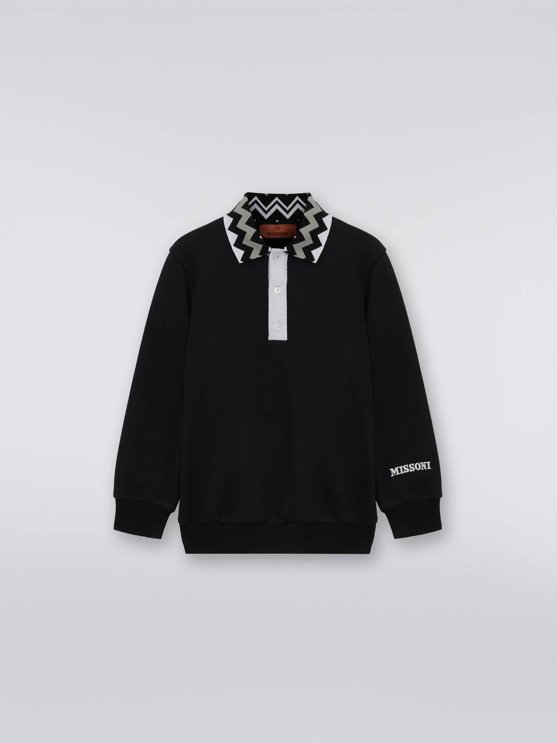 Polo de algodón de manga larga con inserciones a espigas y logotipo, Blanco & Negro - 8053147038124 - 0