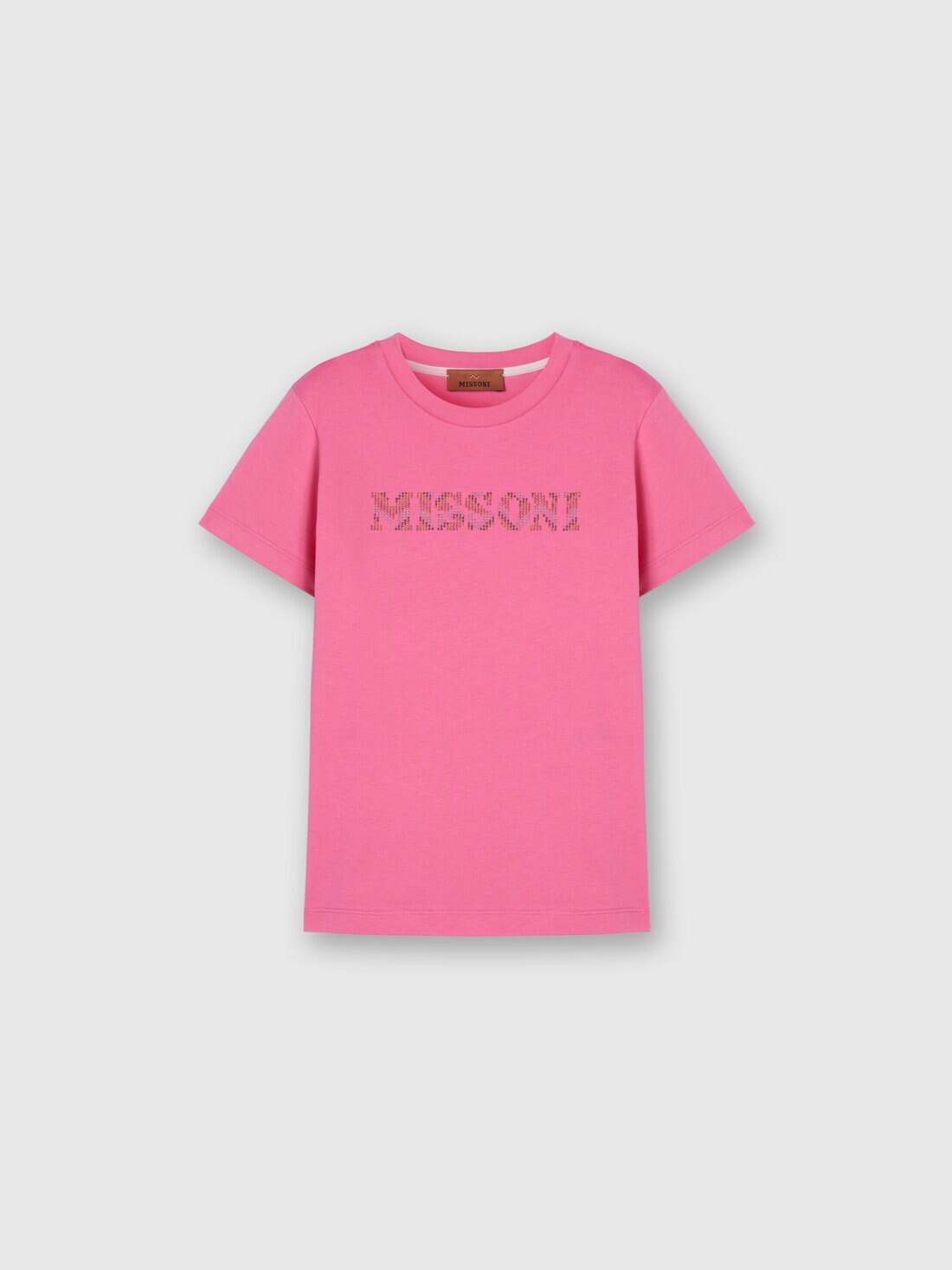 Cotton crewneck T-shirt with rhinestone logo, Fuchsia & Red - KS24WL03BV00GVS30F4 - 0