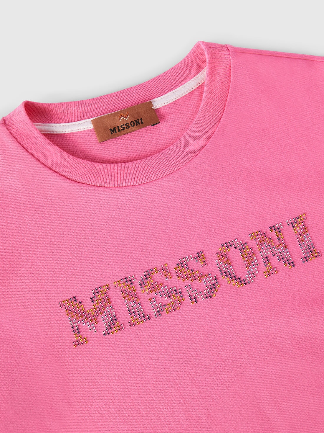Cotton crewneck T-shirt with rhinestone logo, Fuchsia & Red - KS24WL03BV00GVS30F4 - 2