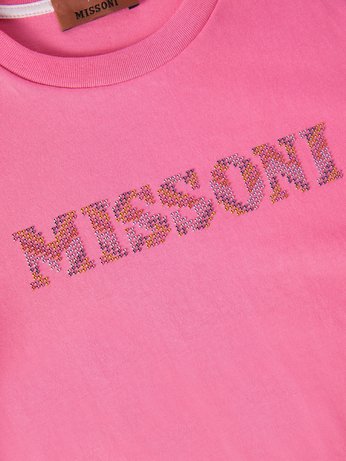 Cotton crewneck T-shirt with rhinestone logo, Fuchsia & Red - KS24WL03BV00GVS30F4 - 3
