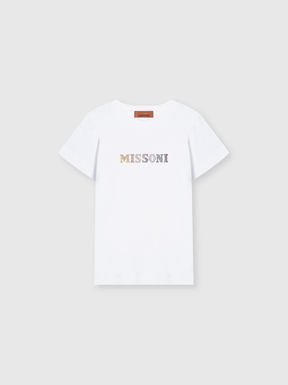 Cotton crewneck T-shirt with rhinestone lettering, White  - KS24WL04BV00GVS019E - 0