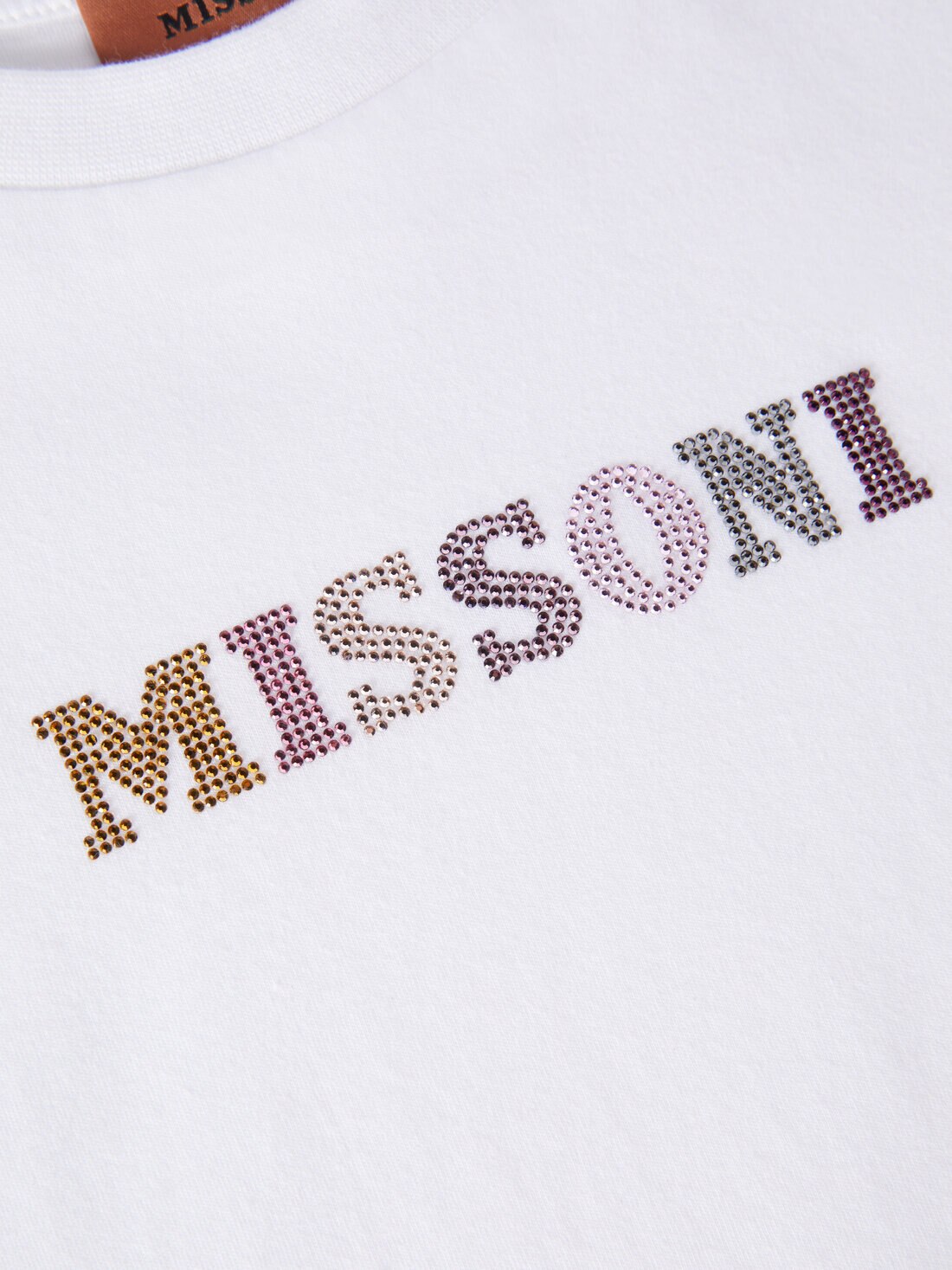 Cotton crewneck T-shirt with rhinestone lettering, White  - KS24WL04BV00GVS019E - 3