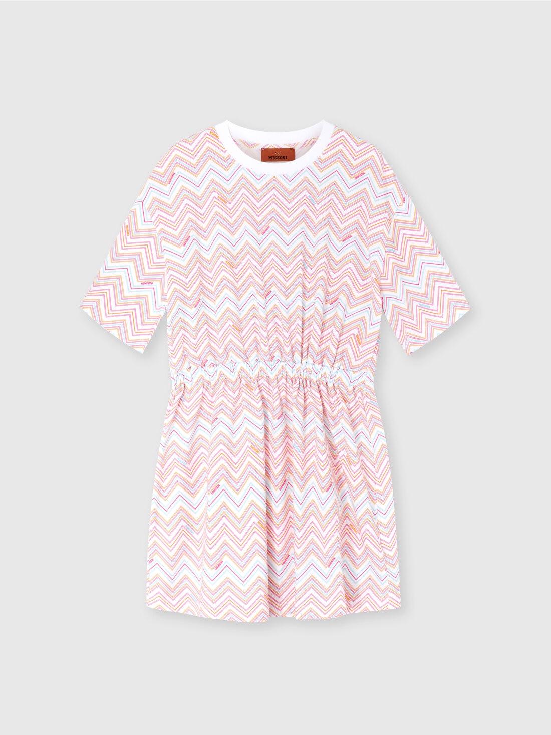 Vestido con estampado zigzag y cintura elástica, Blanco Multicolor   - KS25SG01BV00HMS019C - 0